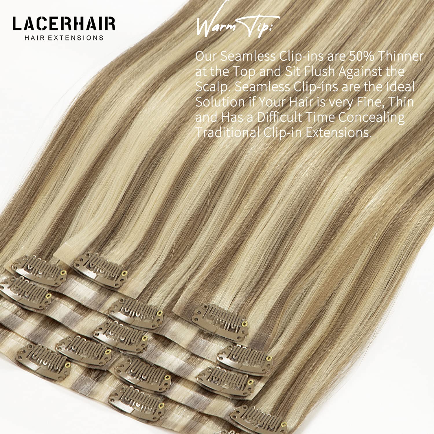 Lacer Hair 7 Pcs Seamless Clip In Hair Extensions Human Hair Ombre Color Light Brown Highlighted Platinum Blonde 110G Thick Ends