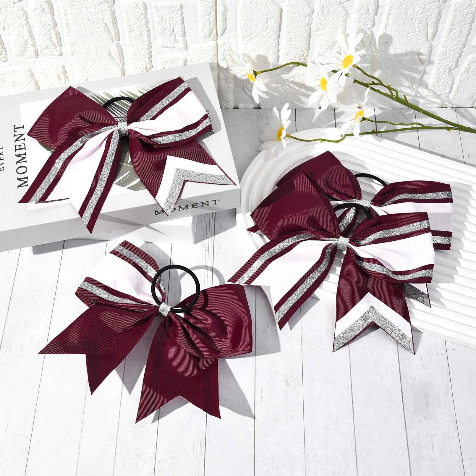 8 Pcs Large Glitter Cheer Bows 8'' Hair Bows Sparkly Cheerleading Softball Team Bow Hair Ponytail Holder Accessories For Cheerle