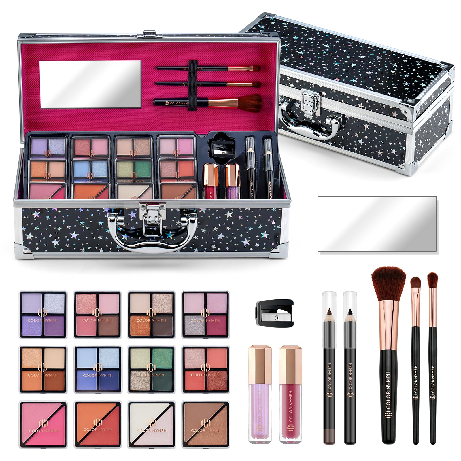 Color Nymph Beginners Makeup Kit With Train Case For Teenagers Girls, Full Starter Cosmetics Set Included 32 Colors Eyeshadow, B