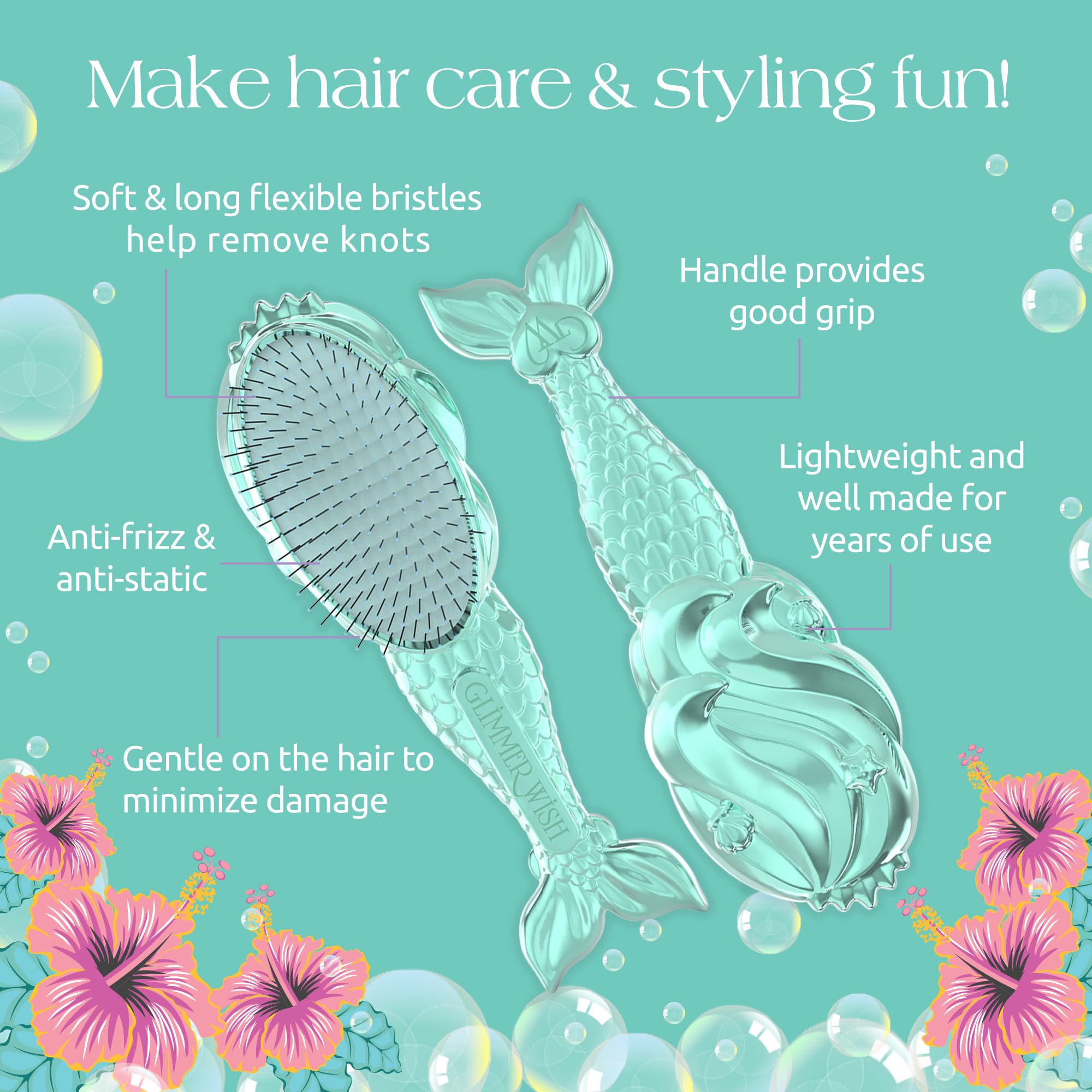 Glimmer Wish Mermaid Detangling Hair Brush For Kids - Anti Frizz And Anti Static - Soft And Long Bristles To Detangle With Ease