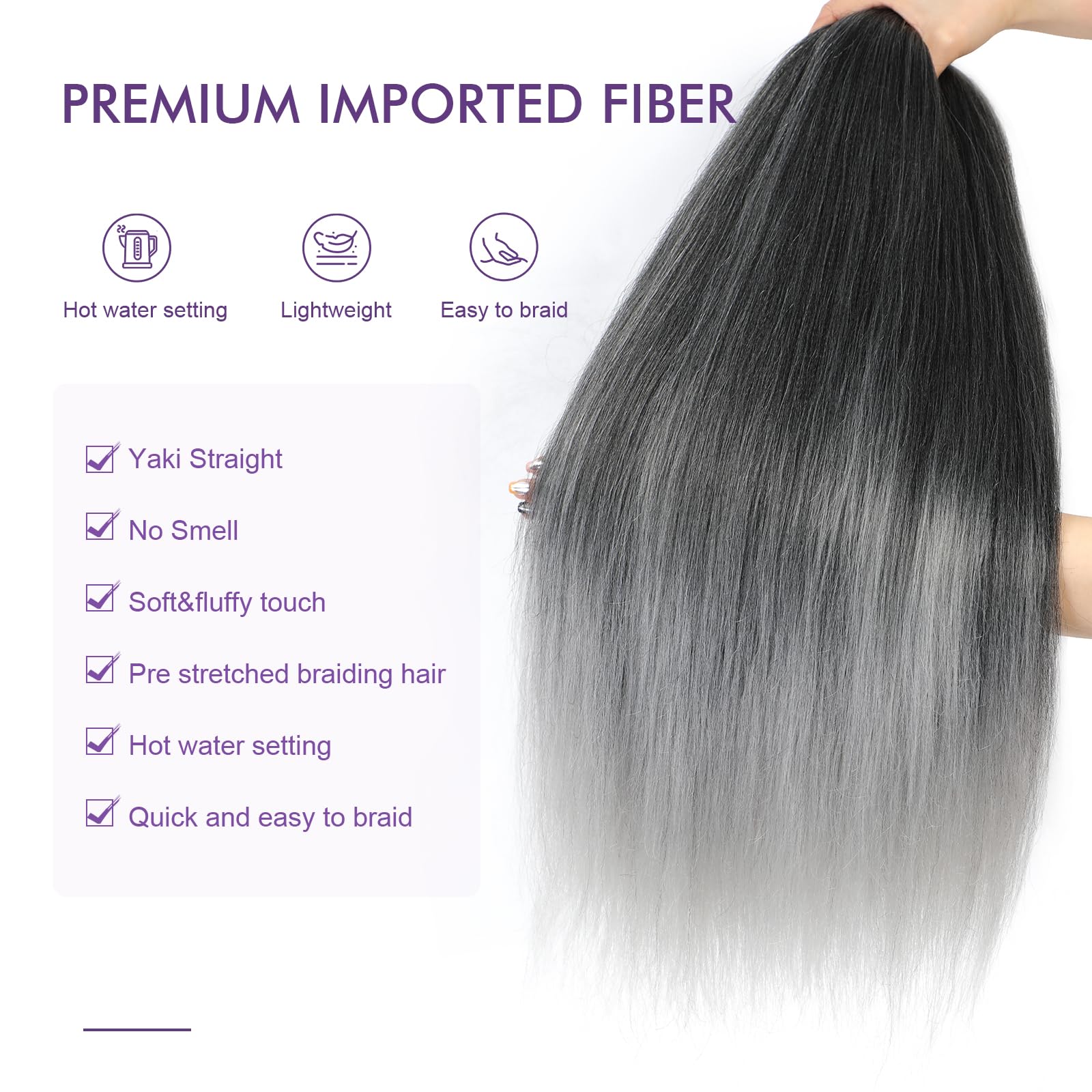 Rosdina Pre-Stretched Braiding Hair - 26 Inch 8 Packs Ombre Gray Long Braiding Hair For Twist Or Box Braids, Yaki Texture Hot Wa