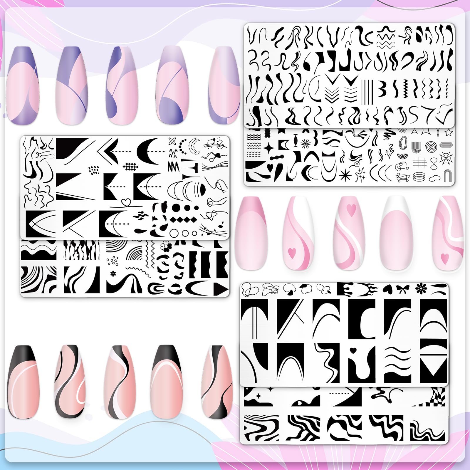 Whaline 6Pcs French Line Nail Plates Stamping Set Minimalism Wave Stripe Stamp Templates Nail Art Plates For Diy Print Manicure