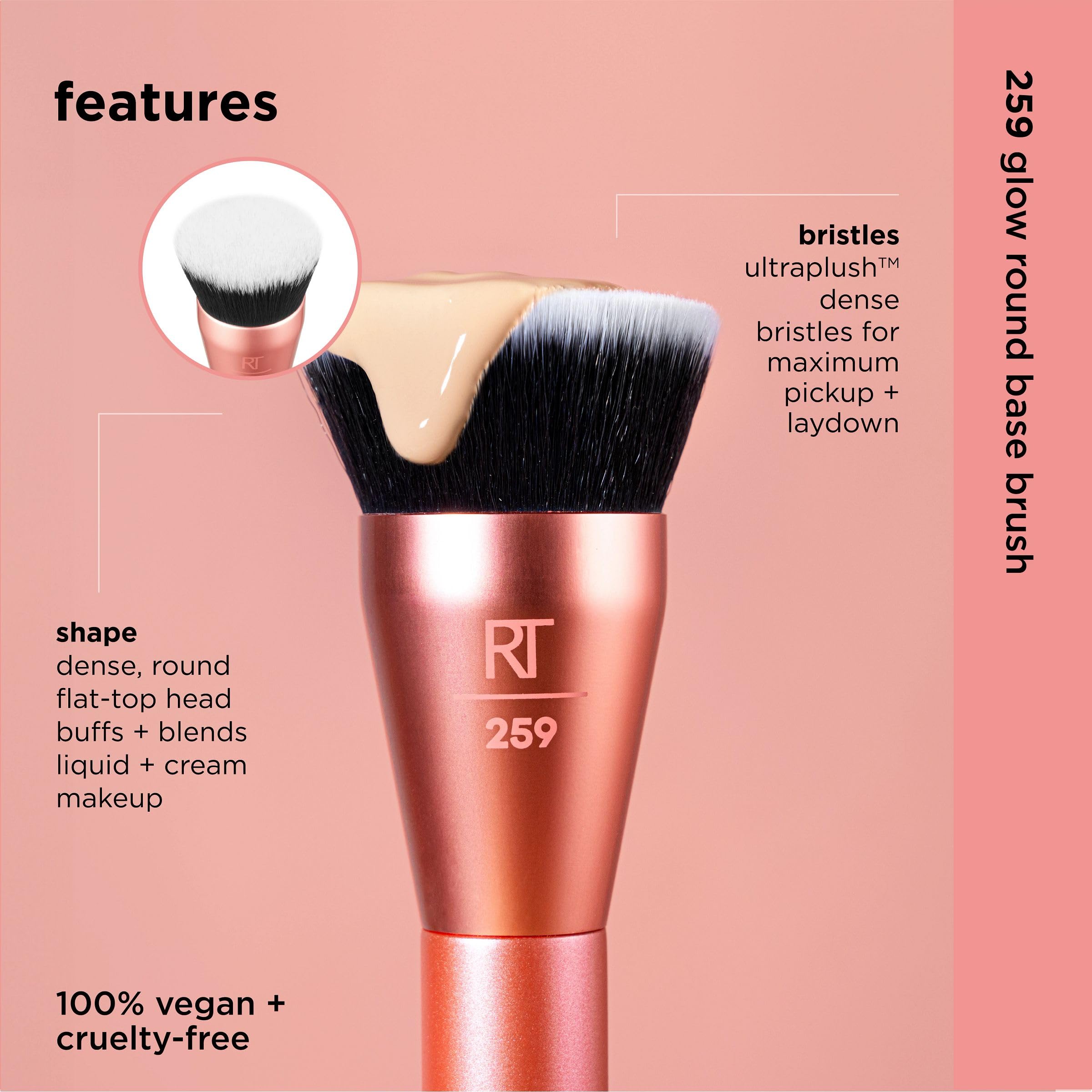 Real Techniques Glow Round Base Makeup Brush - Flat Top Foundation Brush, Synthetic Bristles, Vegan, Pink, Model 10012600