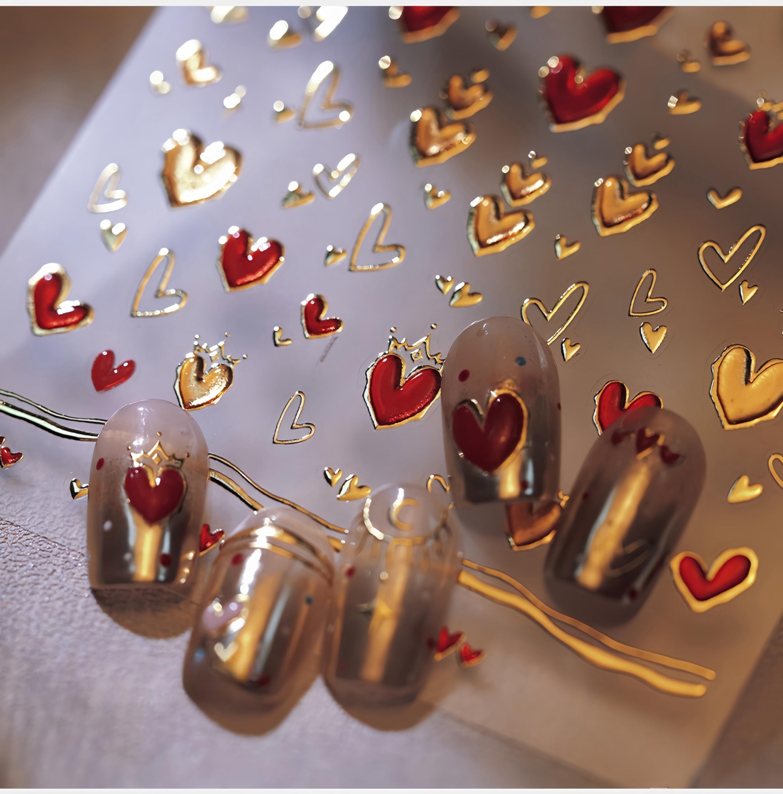 5D Embossed Heart Nail Stickers Valentines Day Nail Art Stickers Love Heart Nail Decals Self-Adhesive Red Gold Hollow Heart Nail