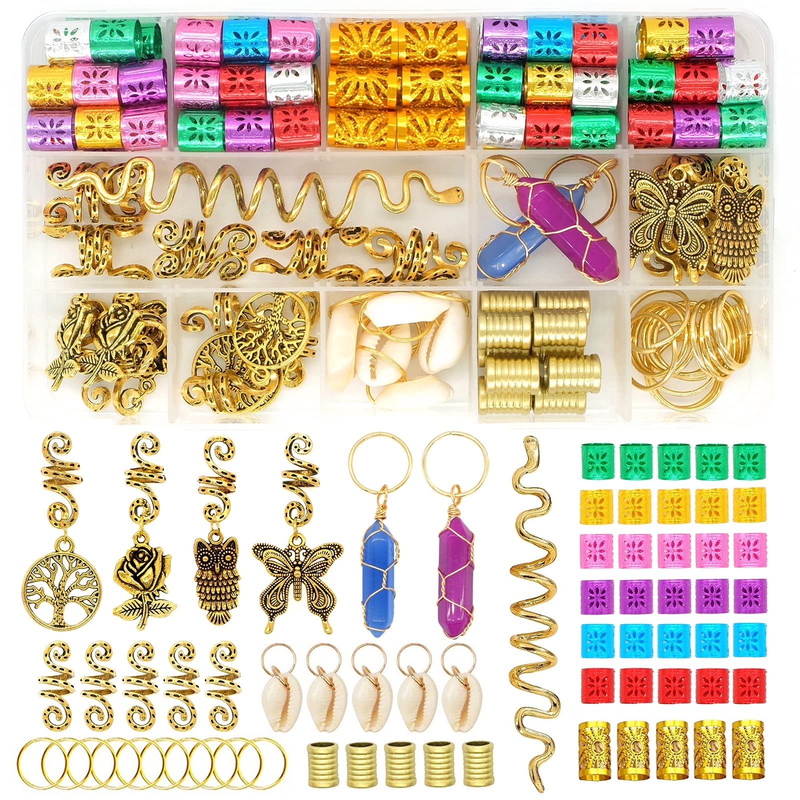 125 Pcs Dreadlocks Loc Hair Jewelry for Women Braids Hair, Crystal Gemstone Pendant Hair Accessories, Gold and Colorful Hair Rin