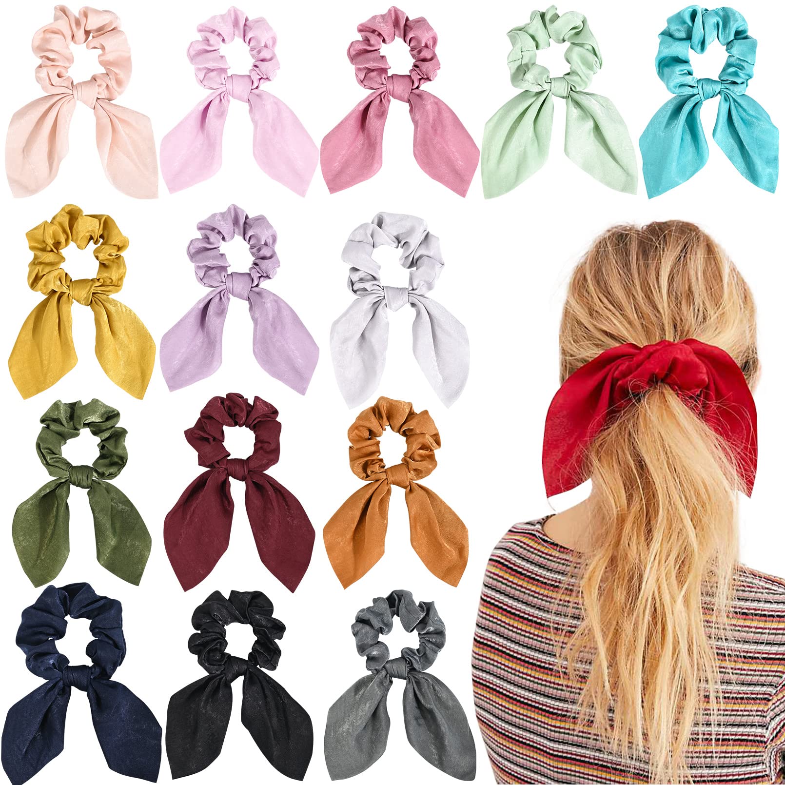 14 PCS Bow Hair Scrunchies Bunny Ears Silk Scrunchies Hair Ties Bobbles Elastic Hair Ties Ropes Ponytail Holder Hair Accessories