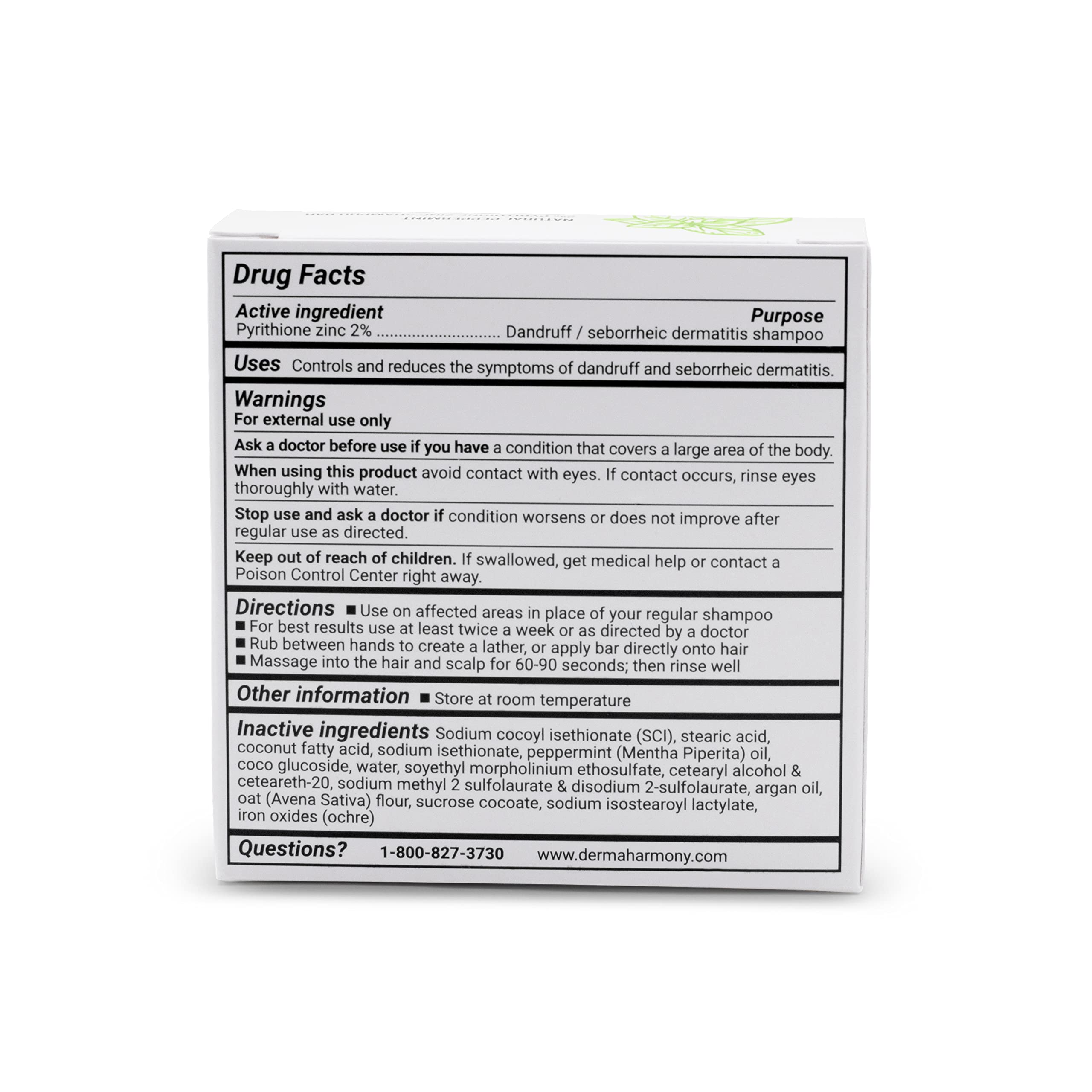 Dermaharmony 2% Pyrithione Zinc Shampoo Bar for dandruff and seborrheic dermatitis - Peppermint (4 Oz)