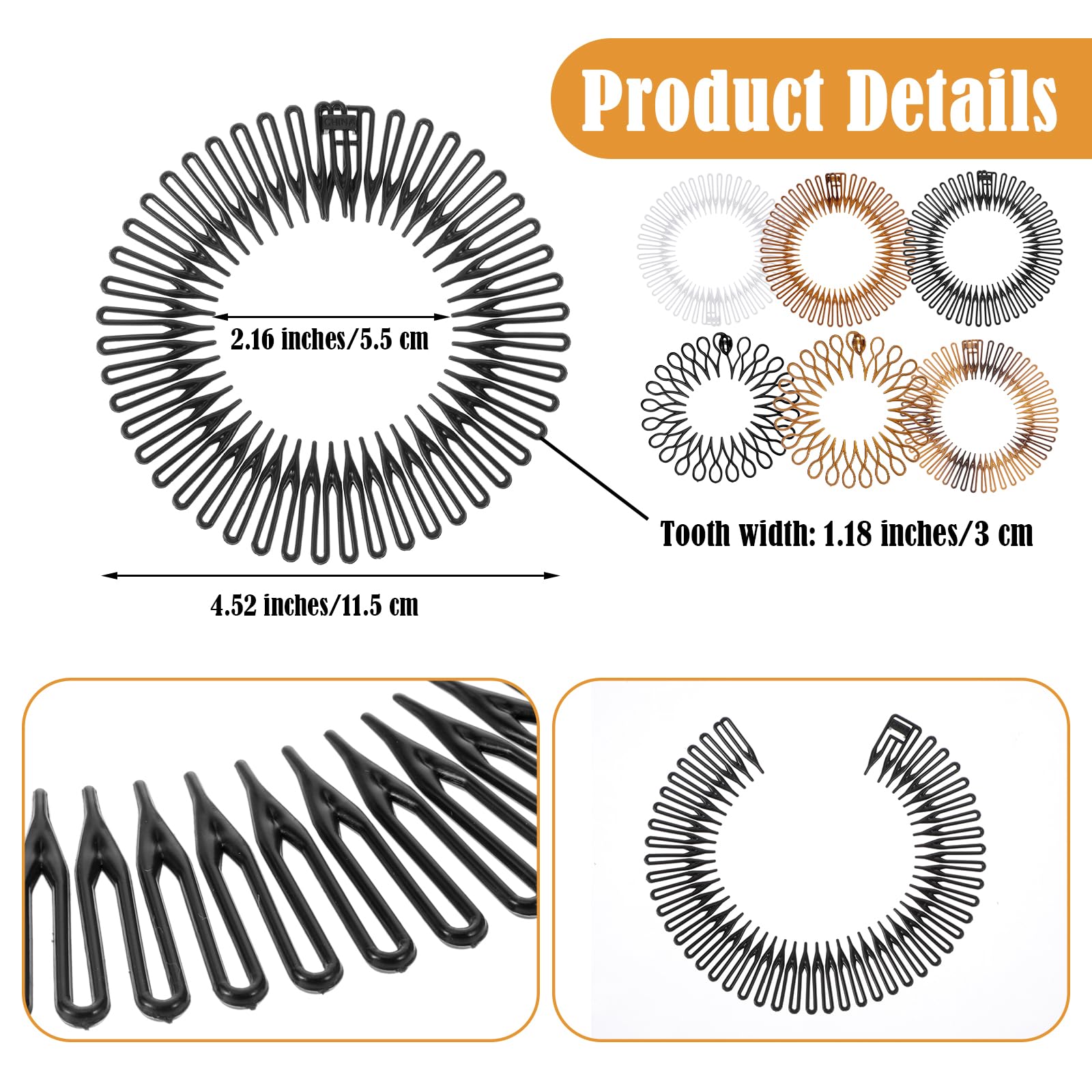 Gjinxi 6PCS Full Circular Stretch Comb Headbands, Flexible Plastic Circle Comb, Elastic Zig Zag Circle Tooth Headband Hairband H
