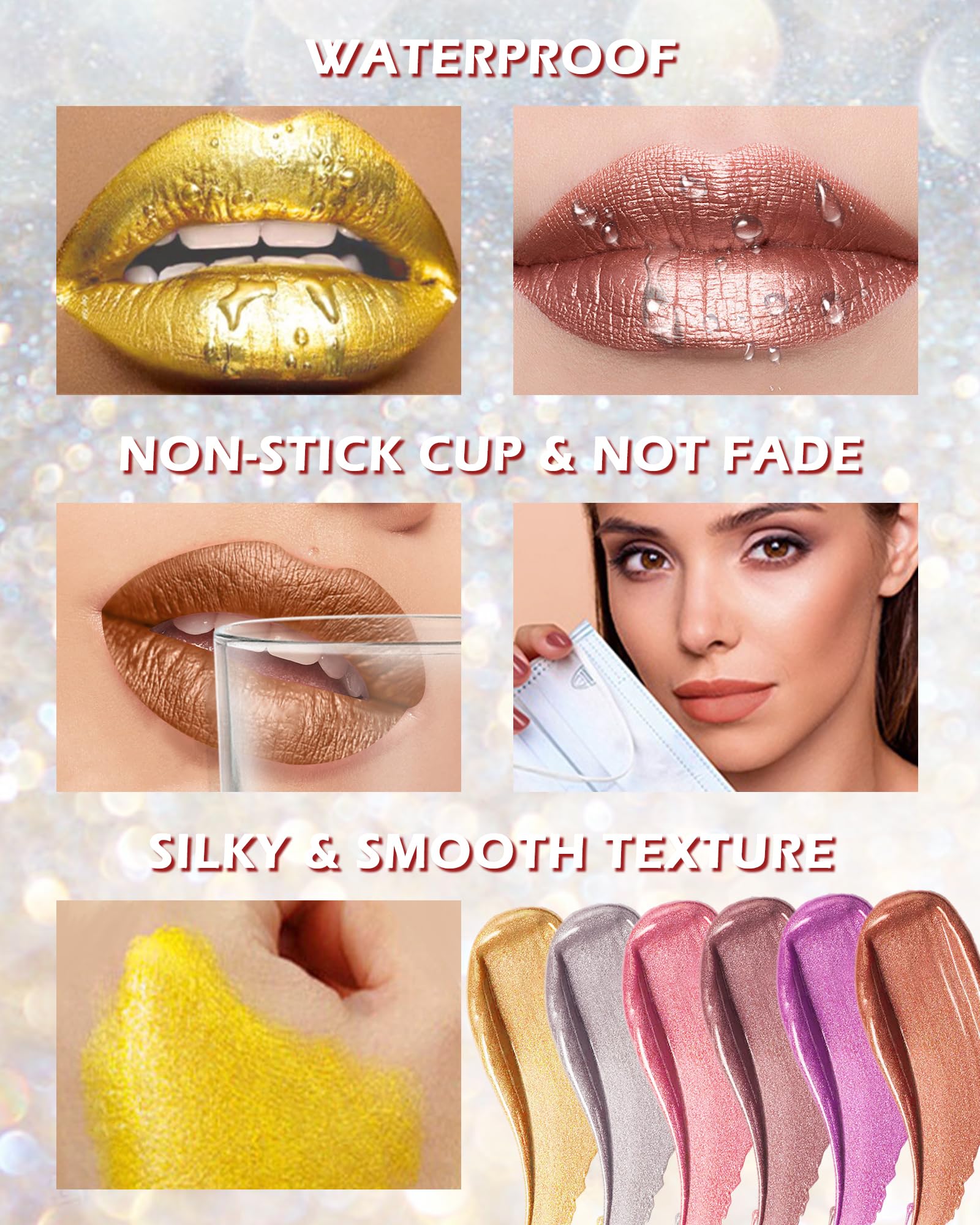 Diamond Shimmer Matte Lipstick, Pink Metallic Glitter Lip Gloss Liquid Lipstick, Longlasting High Pigment Waterproof Smudgeproof