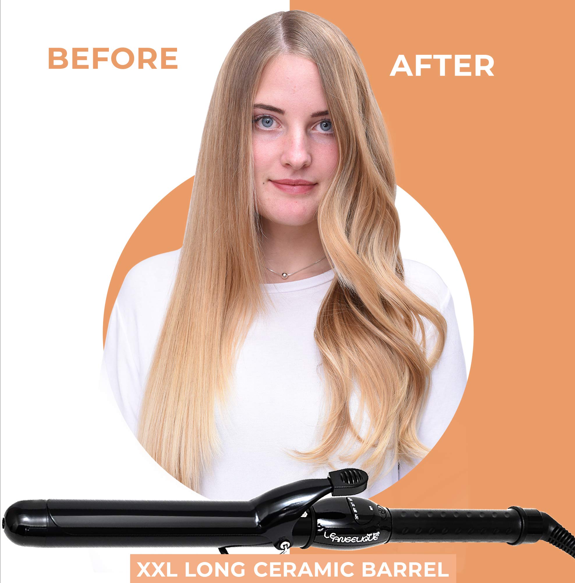 Le Angelique 1.5 Inch Curling Iron with Clip - Professional 8'' Extra Large Barrel for Big Long Hair | 1 1/2'' 38mm Jumbo Wide T