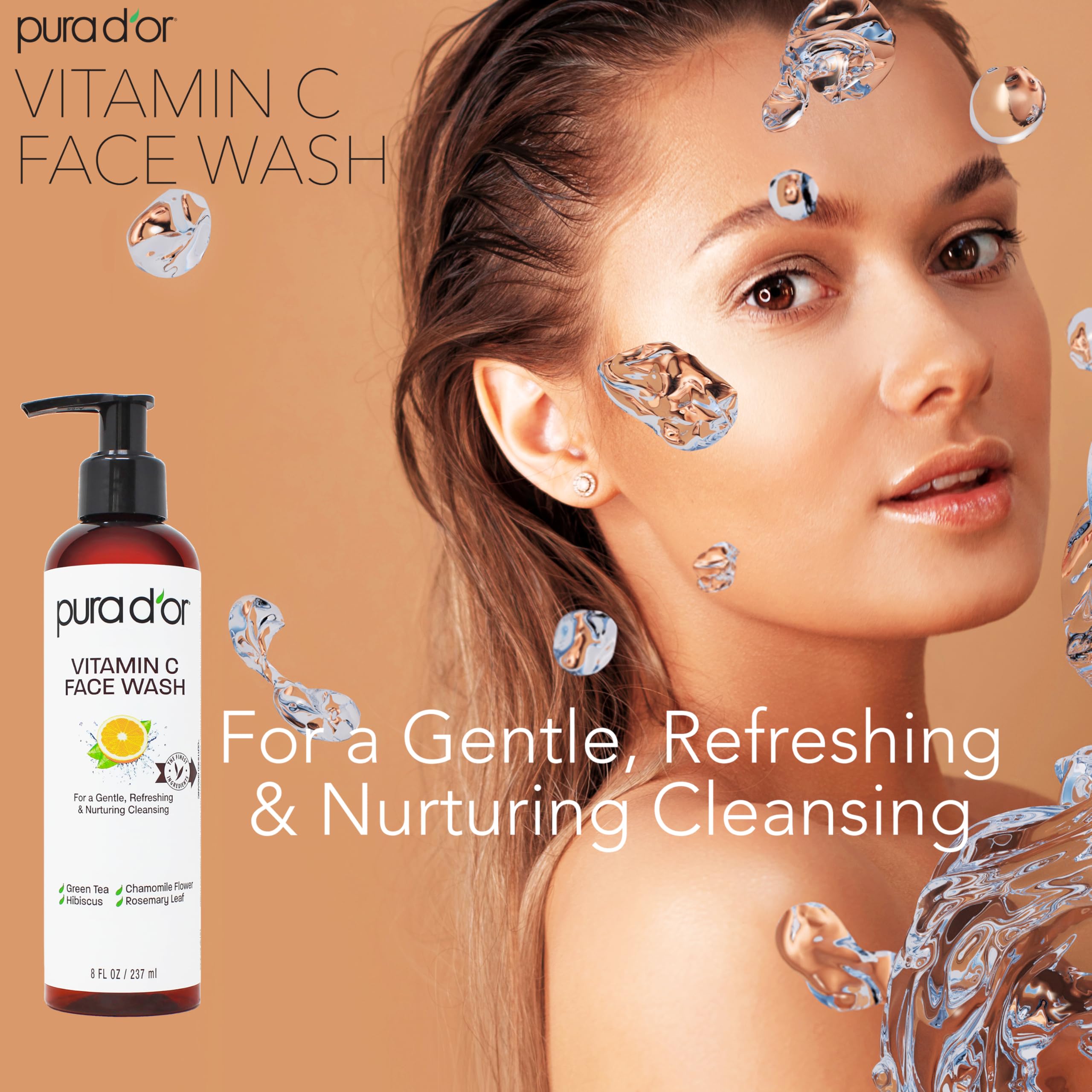 Pura D'Or Vitamin C Face Wash (8Oz X3 = 24Oz) Antioxidant Rich Facial Cleanser For Radiant Glow & Even Skin Tone - Gentle, Refre