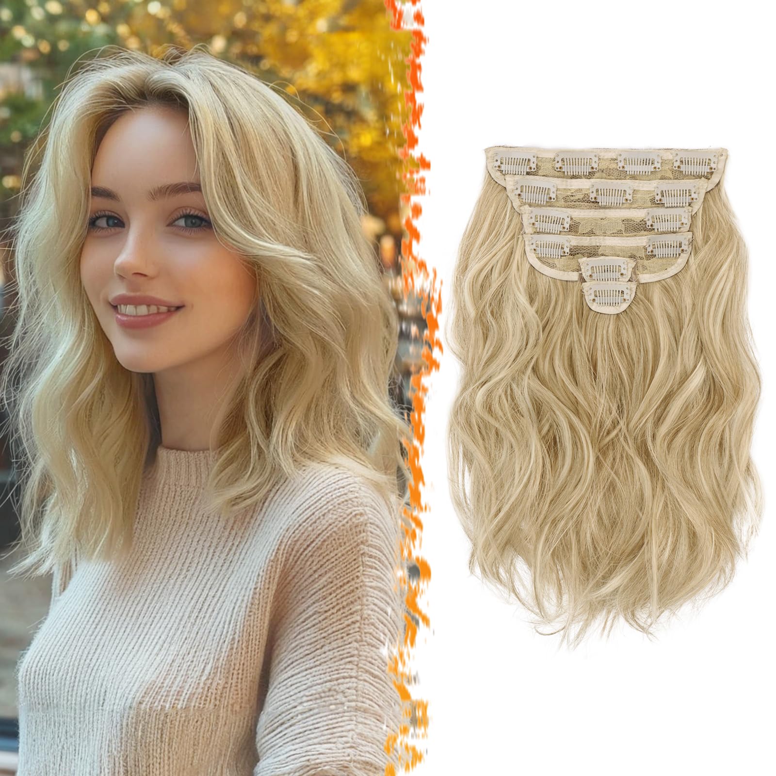 BARSDAR Blonde Clip in Hair Extensions - 12 Inch Short Wavy Clip in Hair Extensions for Women - 6PCs Thick Soft Synthetic Clip i
