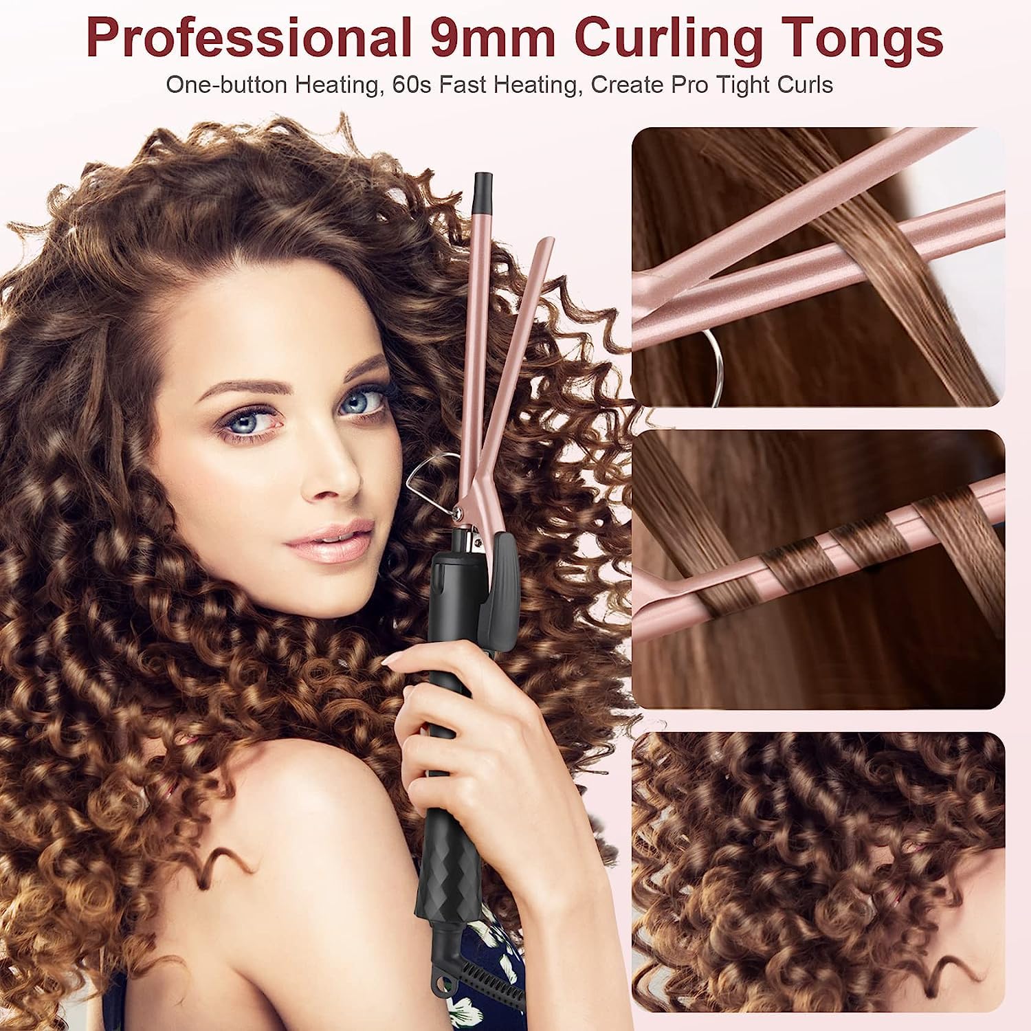Curling Wand 9MM, Thin Curling Iron, Tight Curls for All Hair Types, Tourmaline Ceramic Barrel 30-Second Heat-Up, Long&Short Hai