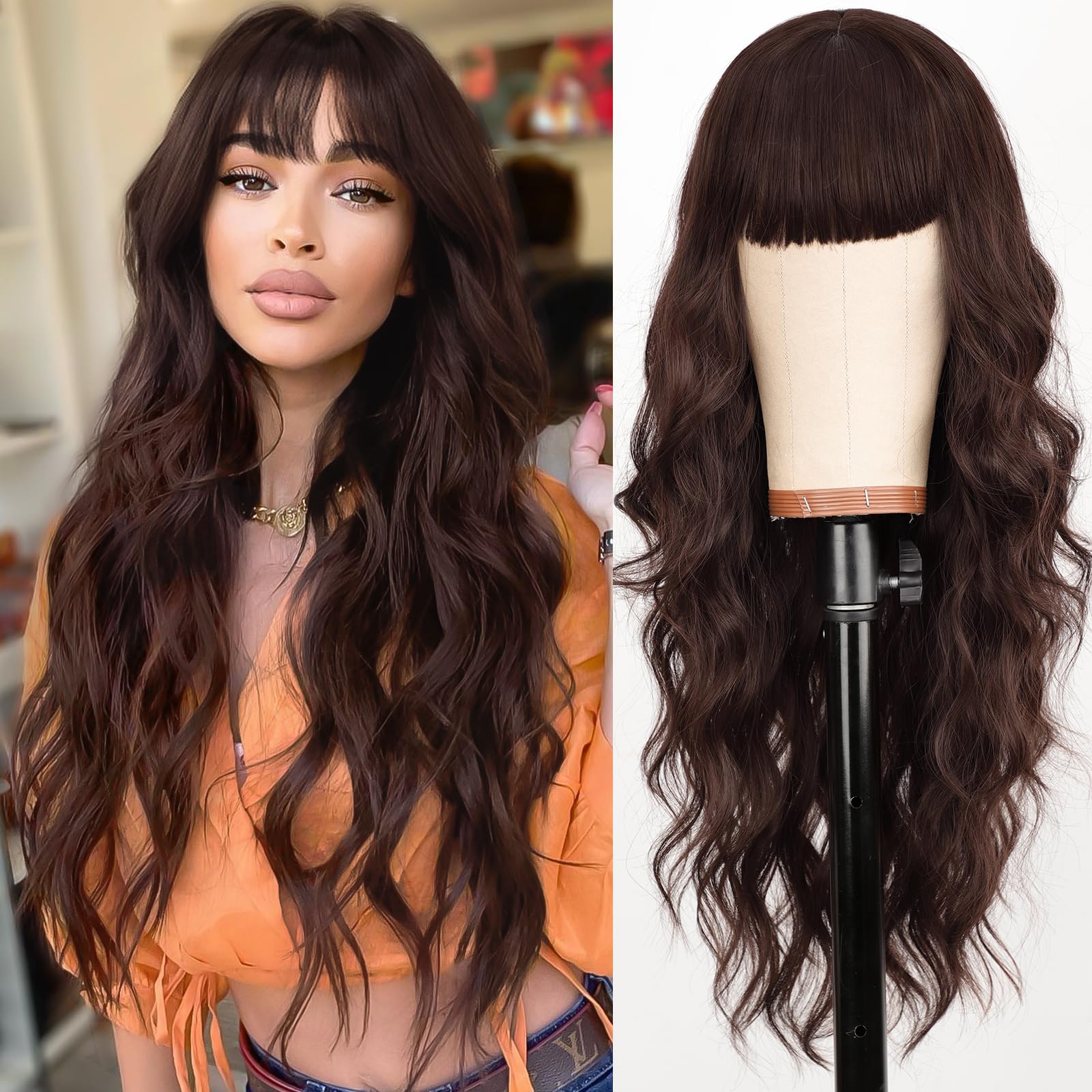 AISI HAIR Brown Wig with Bangs Long Wavy Synthetic Wig for Women with Daily Party Use