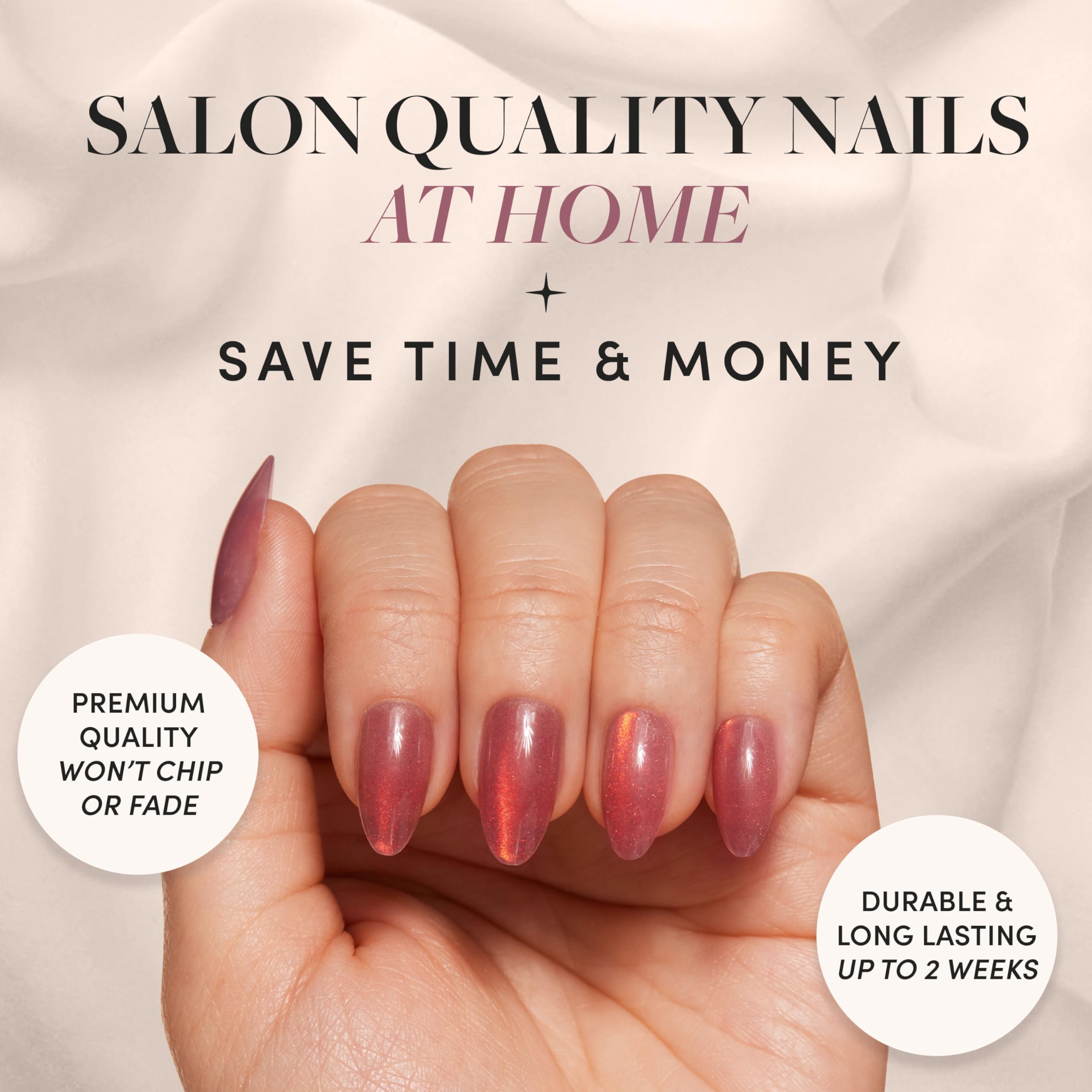 Glamnetic Press On Nails - Rose | Short Almond Rosy-Pink Nails With A Mesmerizing Metallic Finish | 15 Sizes - 30 Nail Kit With