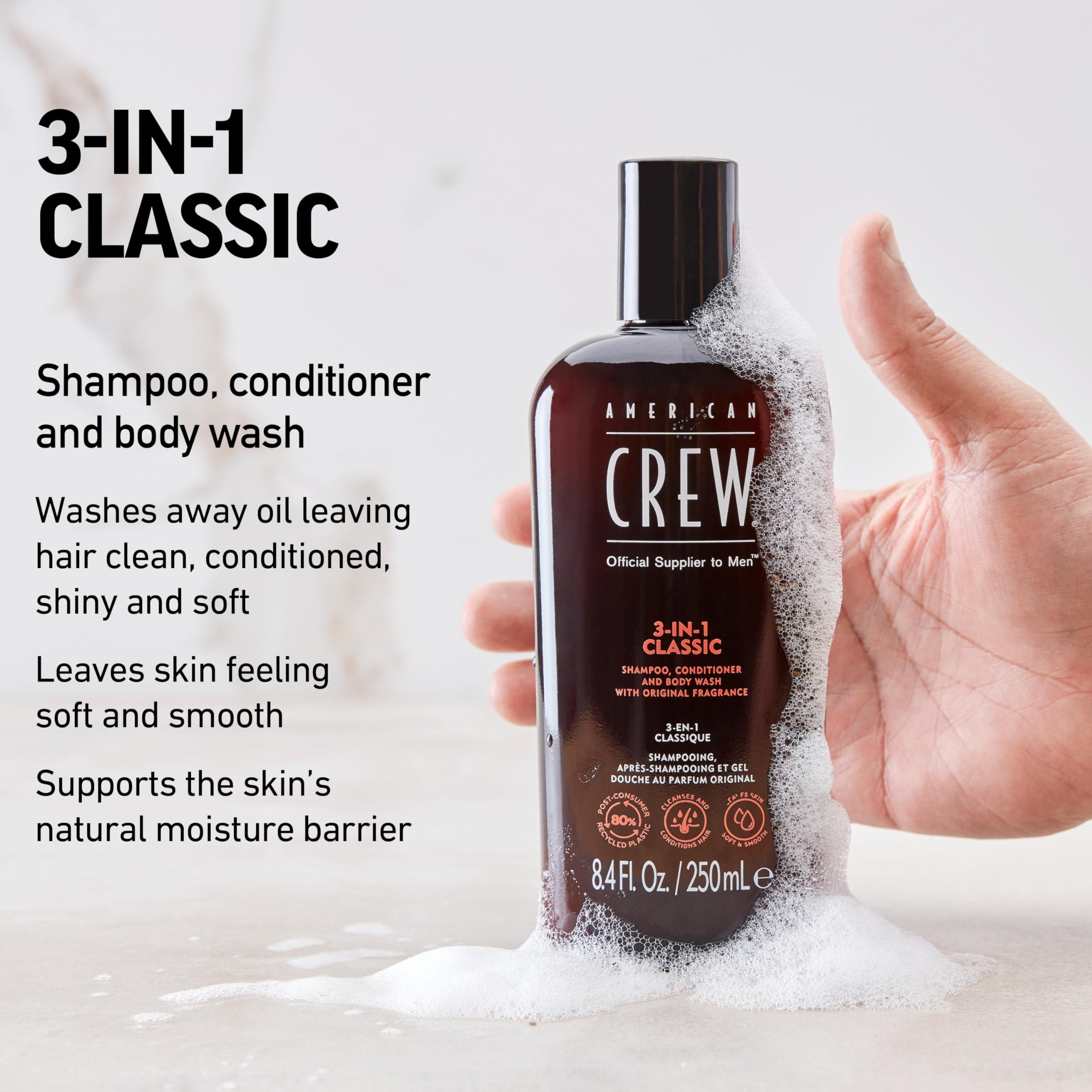 American Crew 3-in-1 Shampoo, Conditioner & Body Wash for Men, 8.4 Fl Oz, Clear, Model 7240521000