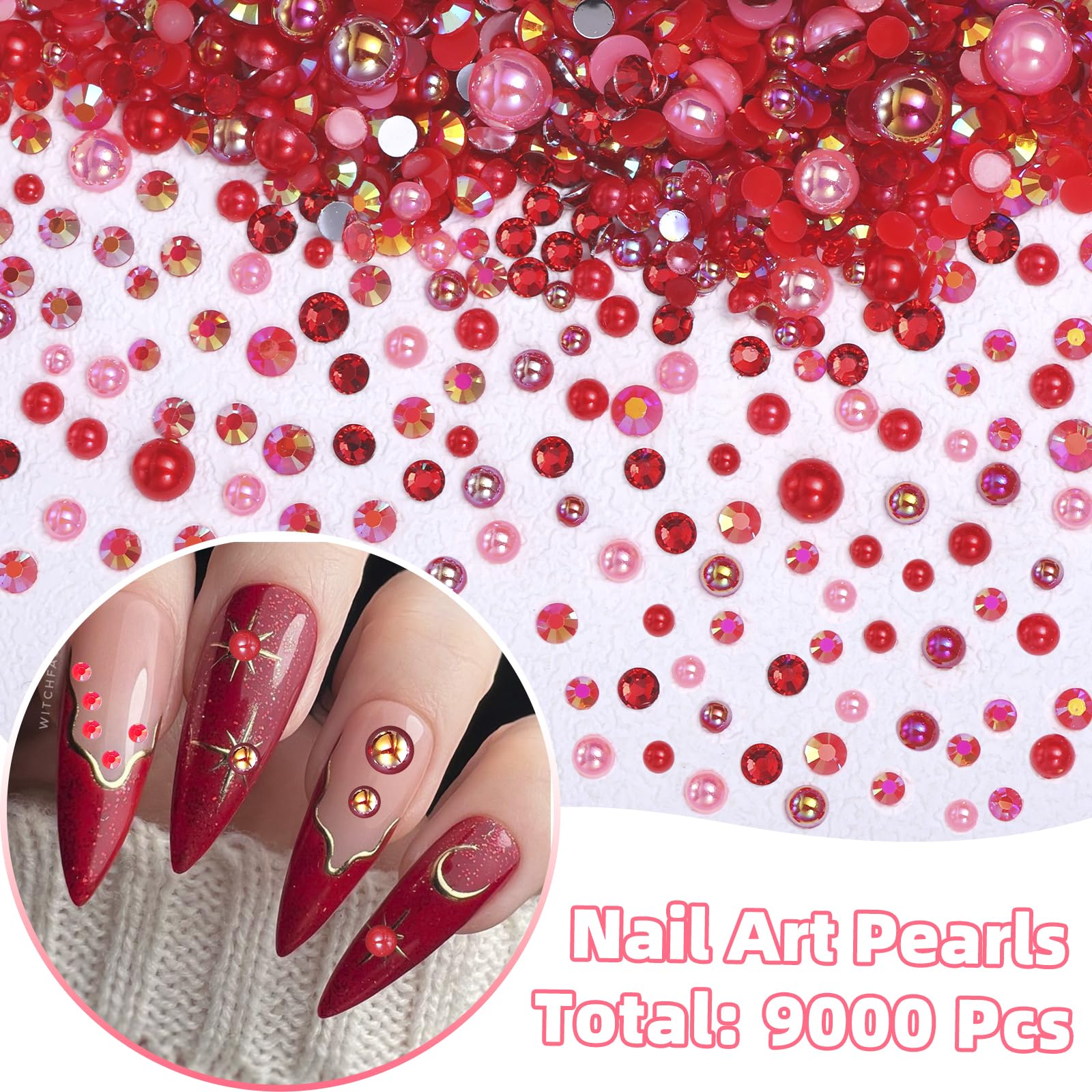9000 Pcs Red Flatback Pearls and Rhinestones for Crafts, 3/4/5/6mm Jelly Resin Rhinestones, Mixed Size 3/4/6/8mm Half Pearl Beda