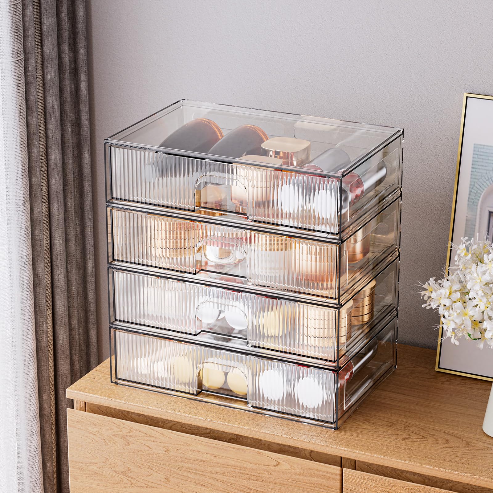 Zhiai Stackable Storage Drawer, 4 Piece Acrylic Organiser For Cosmetics And Beauty Products, Suitable For Dressers, Bathrooms, C