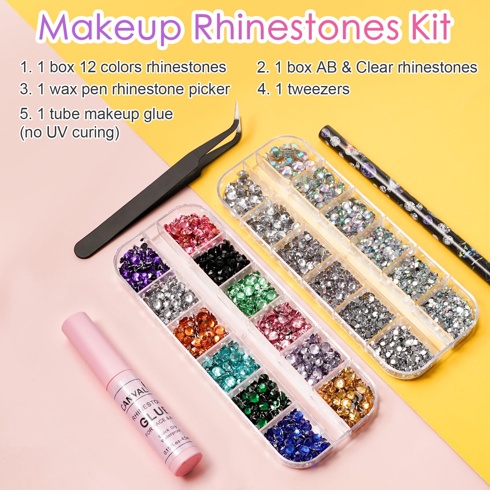 Canvalite Rhinestones For Face Colorful Face Gems Face Jewels Ab & Clear Eye Hair Nail Gems Rhinestones With Quick Dry Makeup Gl