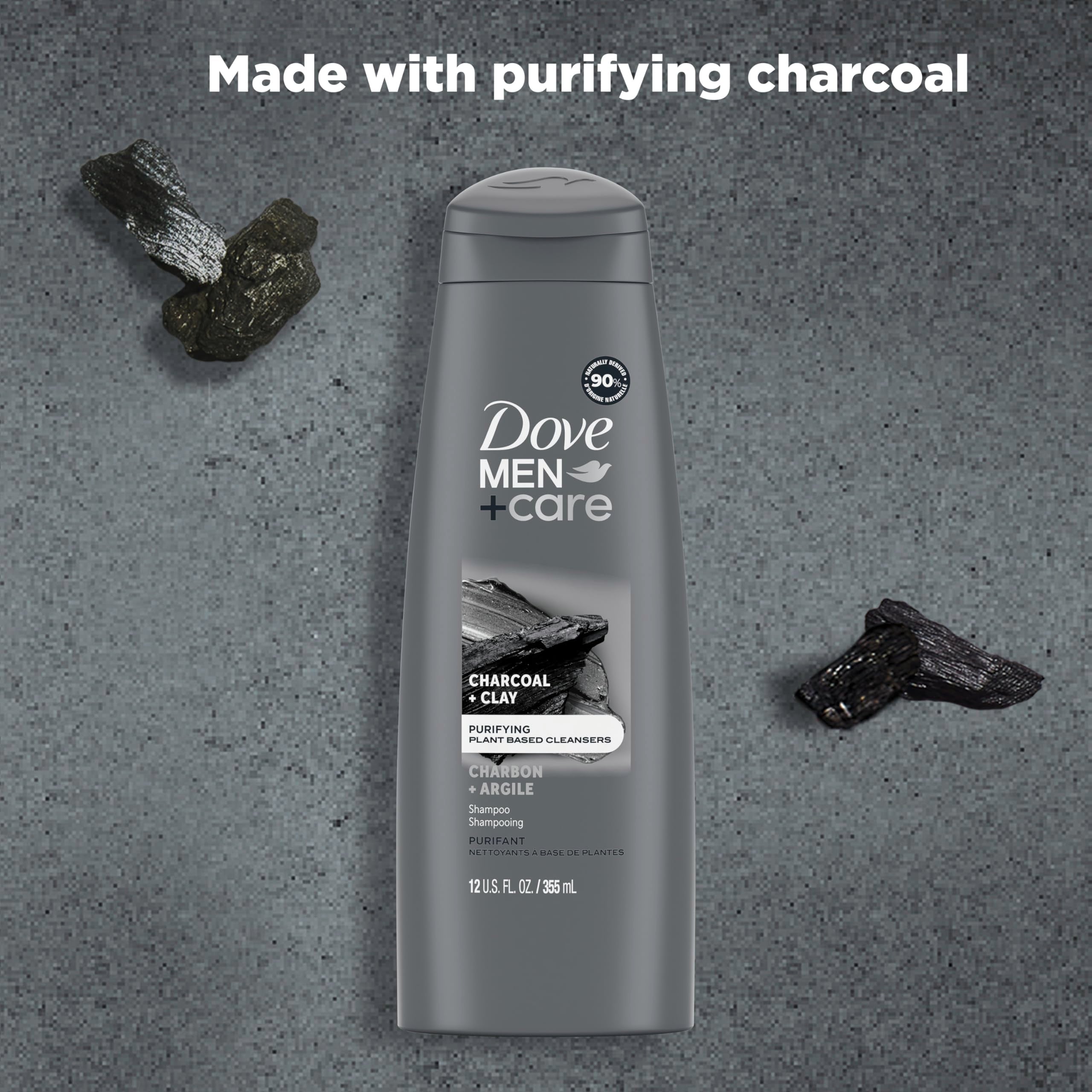 DOVE MEN + CARE Shampoo Charcoal + Clay for Healthy-Looking Hair Naturally Derived Plant Based Cleansers 12 oz