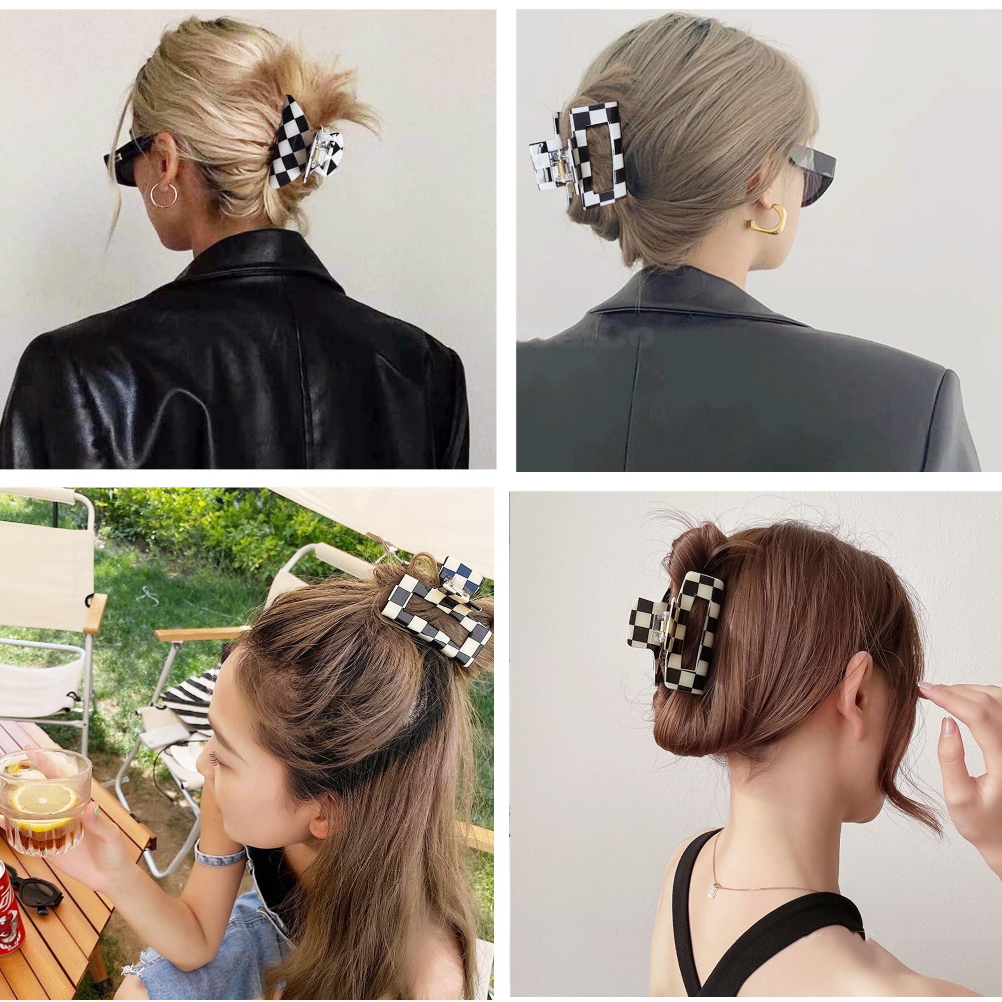 Womens Checkered Hair Clip Medium Checkered Claw Clips Black And White Jaw Clip,3Pack