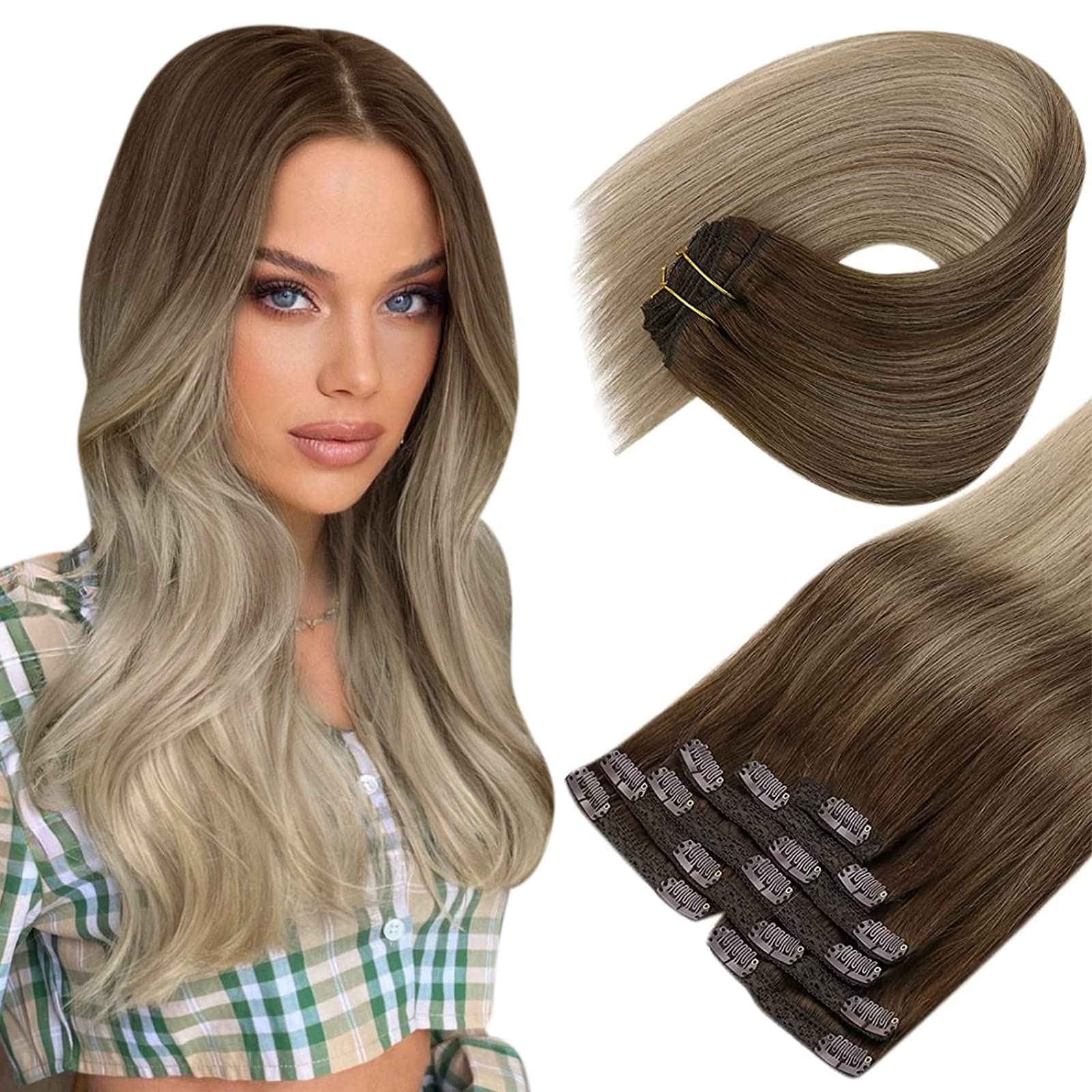 [Uncontinued] Human Hair Clip in Extensions, Dark Brown Ombre Golden Blonde Mix Platinum Blonde Clip in Hair Extensions, Sunny C