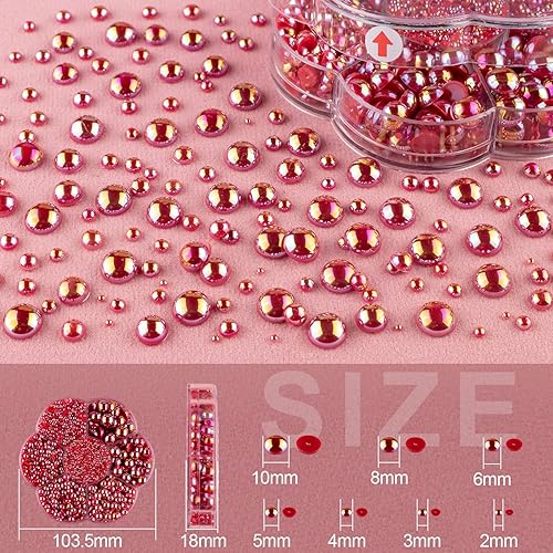 Nail Art Flat Back Half Round Pearl Kits 16, 1 Box of 5600 Pcs Flat-Back Red AB Pearl with Tweezer and Picker Pencil for Home DI