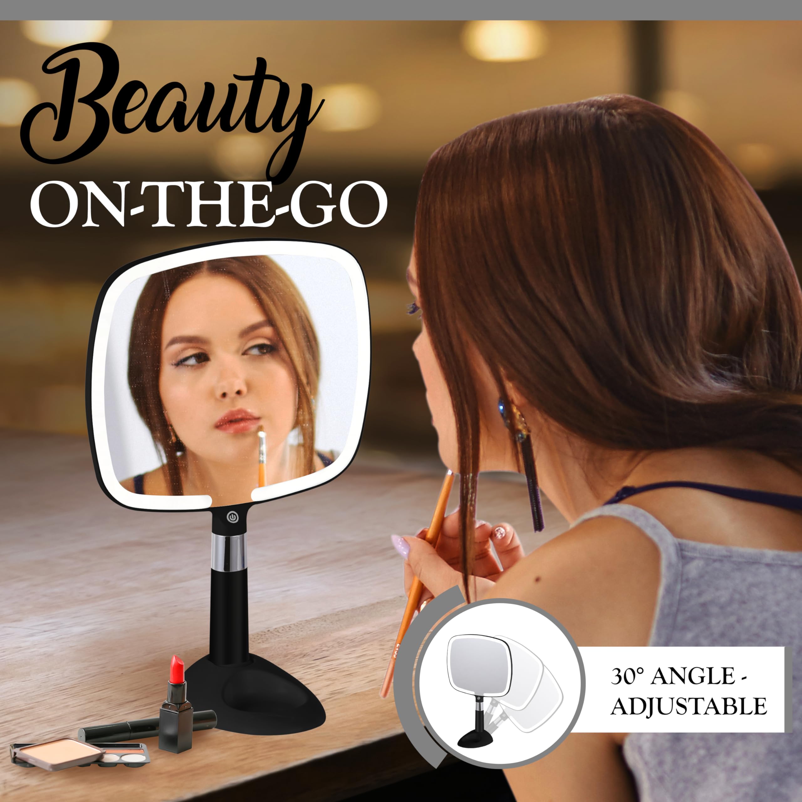 MIRRORVANA Lighted Travel Makeup Mirror - 2 in 1 Handheld & Tabletop LED Mirror with 3 Light Modes, Detachable Stand, and Comfy