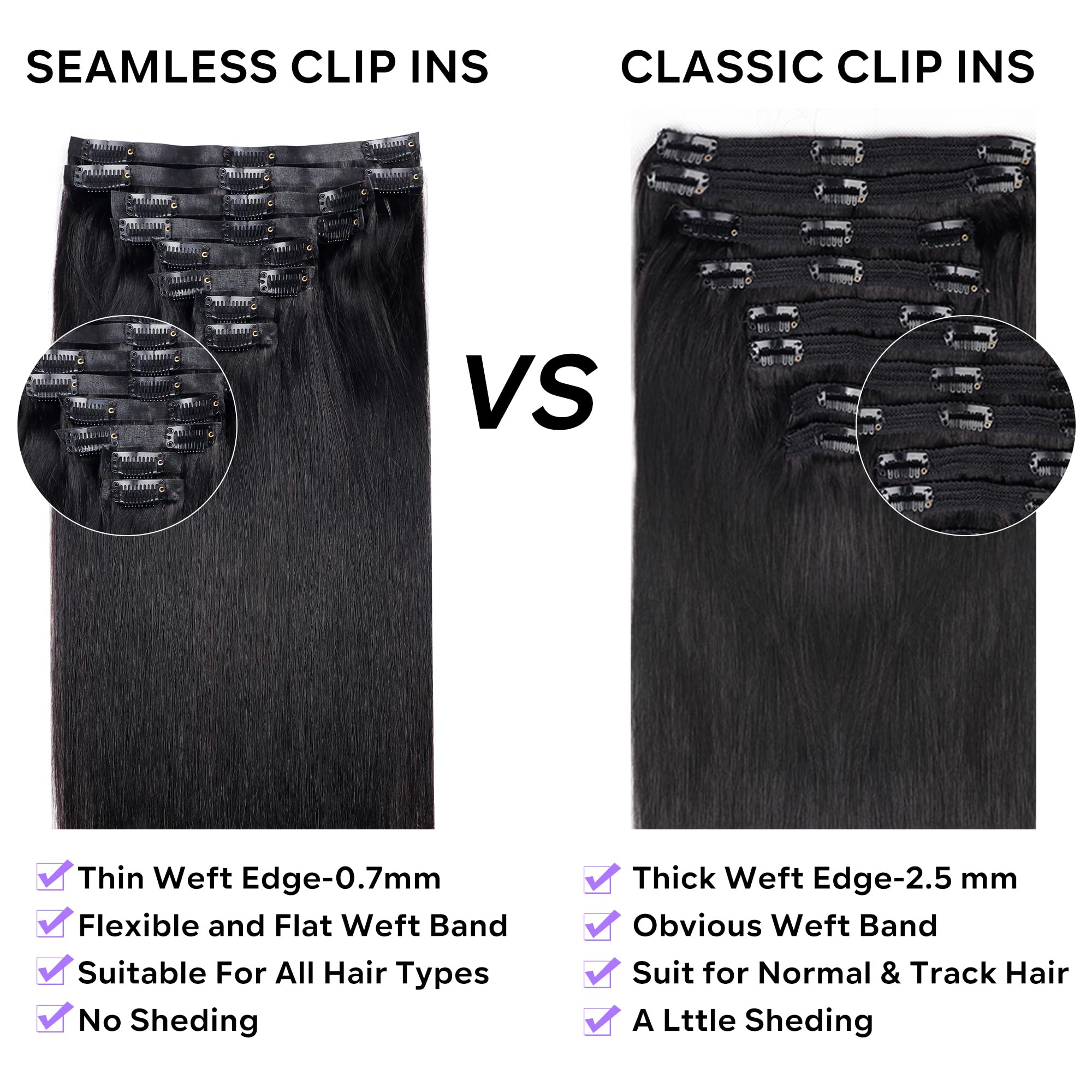 Pobokix Seamless Clip in Hair Extensions Real Human Hair Straight Brazilian Virgin Human Hair Clip in Extensions for Women 8Pcs