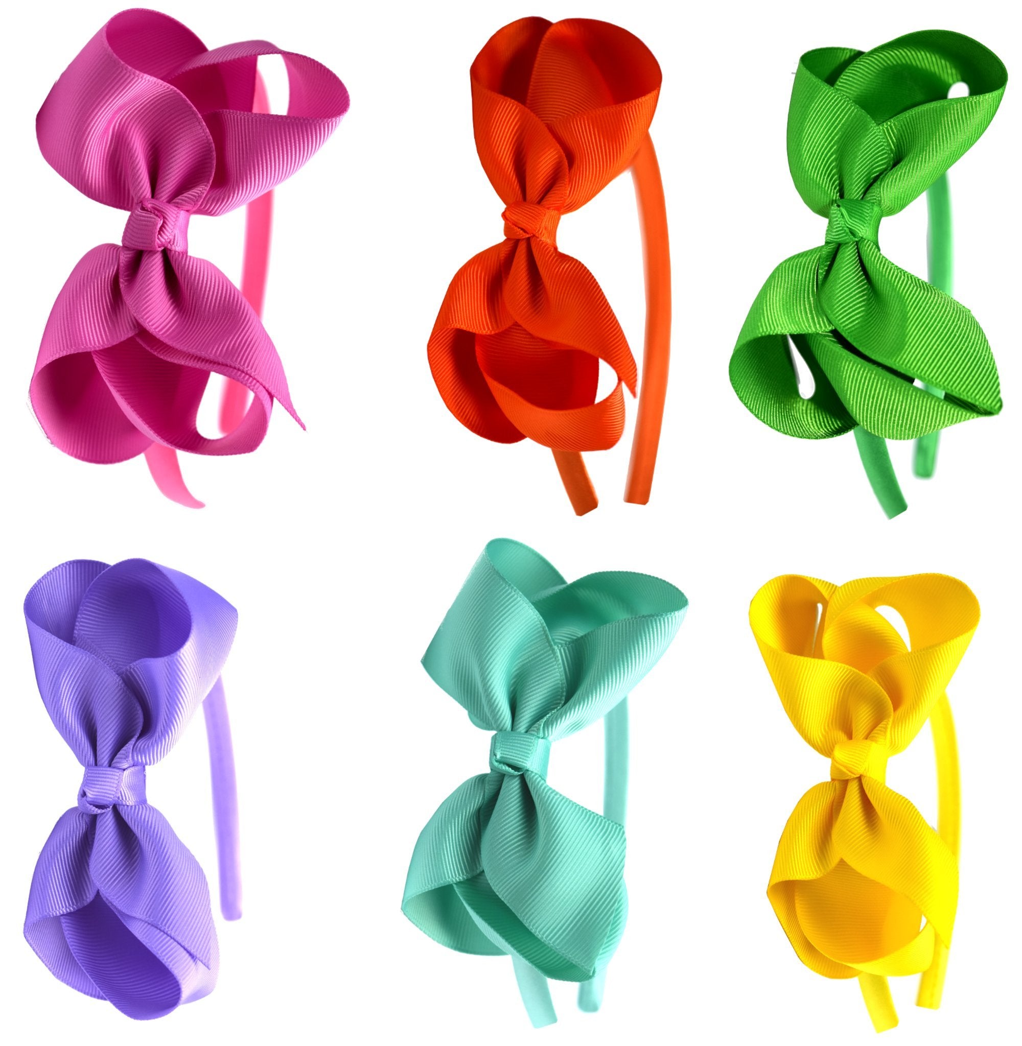 Syleia Fashion Headbands with 4 inch Bow, Set of 6 Pink, Orange, Green, Lavender, Teal and Yellow - School and Playtime Perfect 