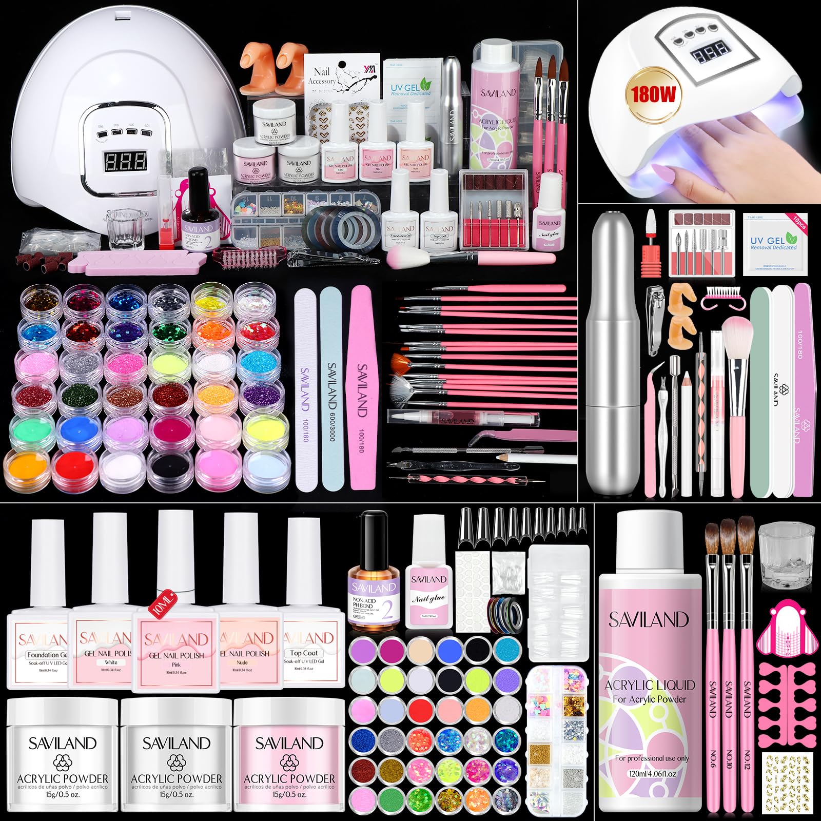 Saviland Acrylic Nail Kit for Beginners: Keratin Acrylic Powder Castor Oil Vitamin E Gel Nail Polish Primer 180W Nail Lamp Nail 