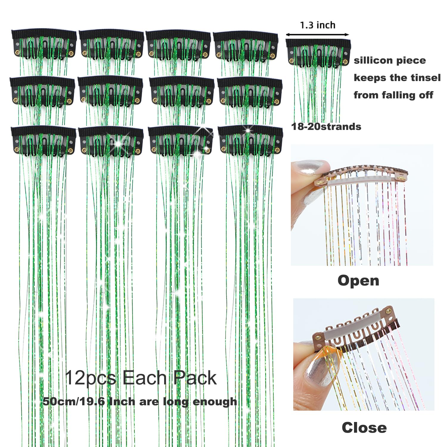 12Pcs Hair Tinsel Clip In 19.6Inch Glitter Tinsel Hair Extensions Clip In Hair Tinsel Kit Heat Resistant Shiny Sparkle Fairy Hai