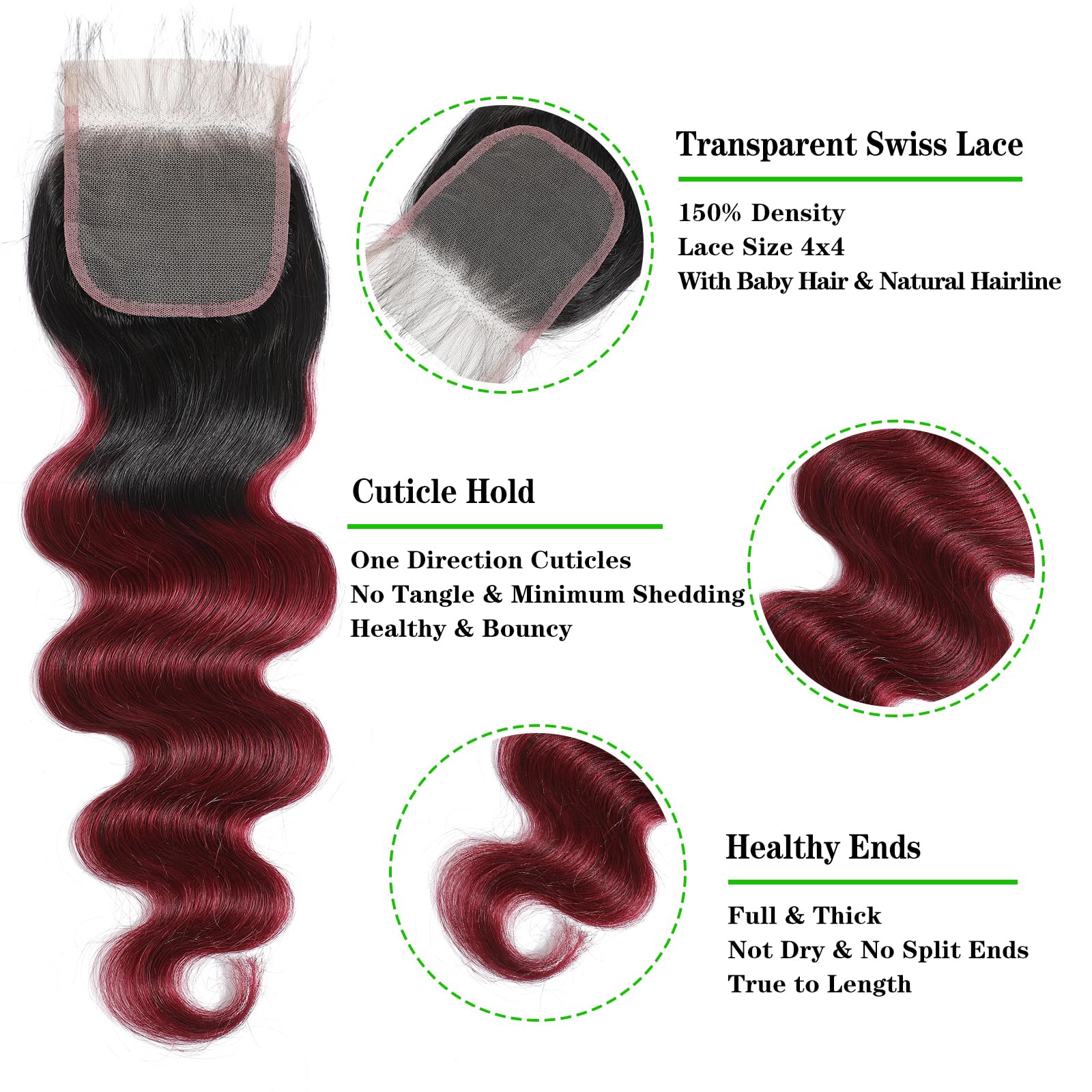 Kapelli Hair 10A Ombre Brazilian Human Hair With Closure (22 24 26+20) Brazilian Human Hair 3 Bundles With Closure Brazilian Bod