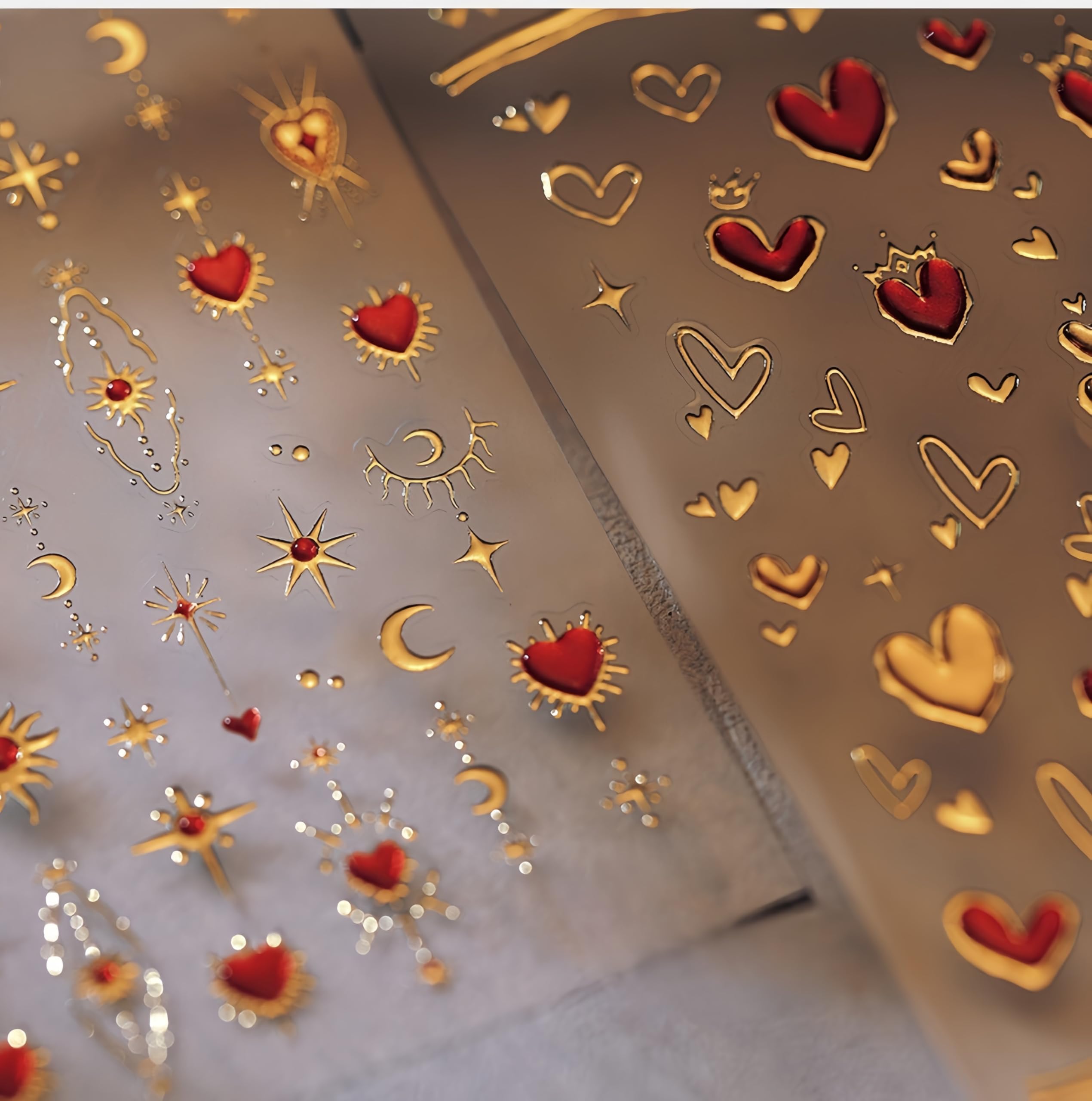 5D Embossed Heart Nail Stickers Valentines Day Nail Art Stickers Love Heart Nail Decals Self-Adhesive Red Gold Hollow Heart Nail