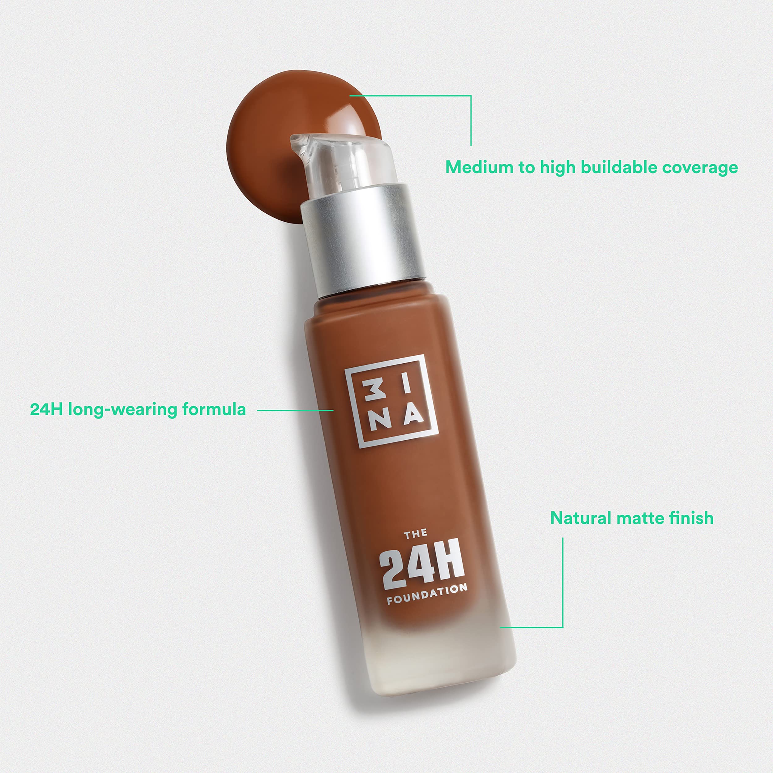 3Ina The 24H Foundation 603-24H Long-Wearing Formula - Medium To High Buildable Coverage - Smooth Matte Finish - Expanded Shade