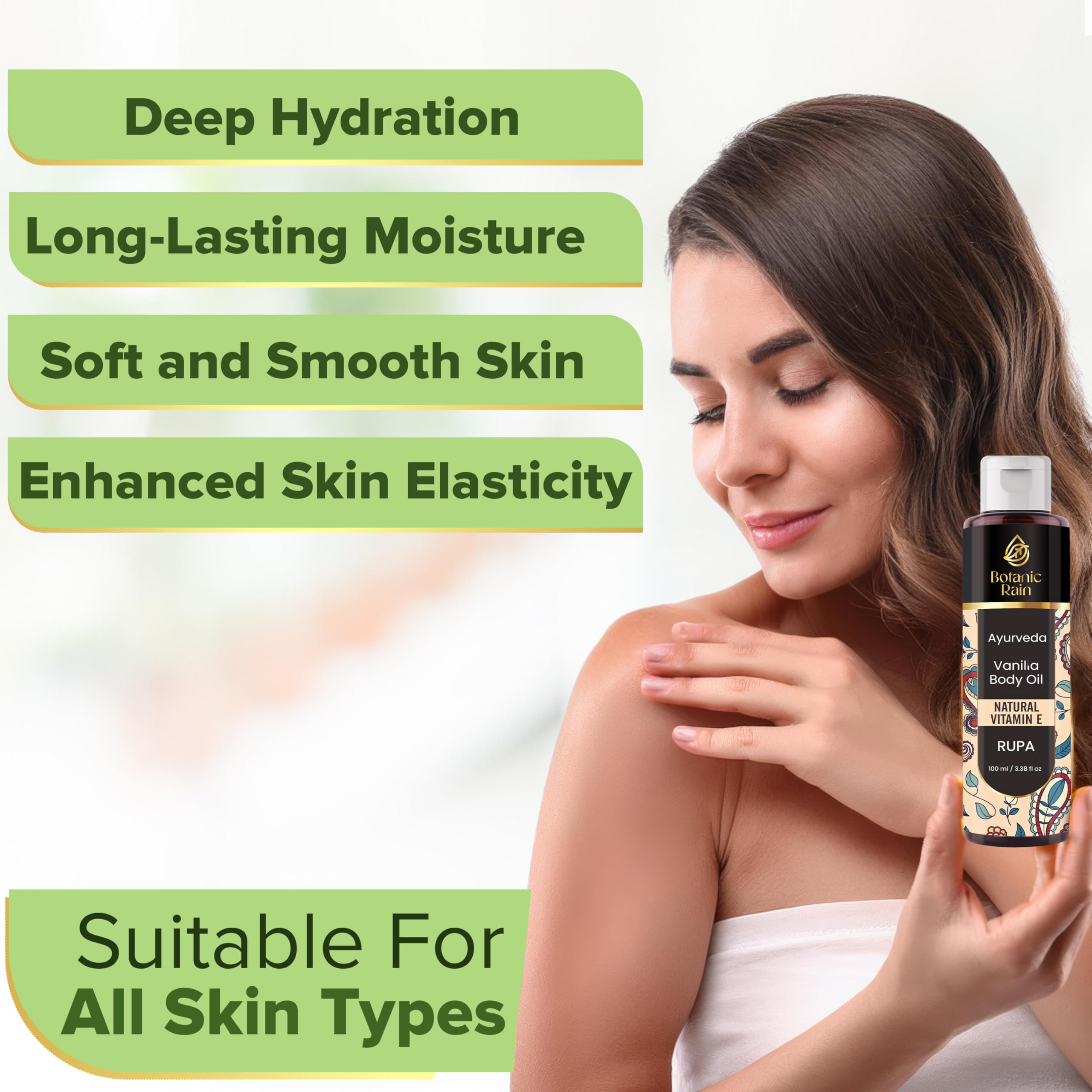 Botanic Rain Ayurveda Vanilla Body Oil, Moisturizing & Hydrating Organic Vitamin E Oil, Body Oil For Women After Shower, Ayurved