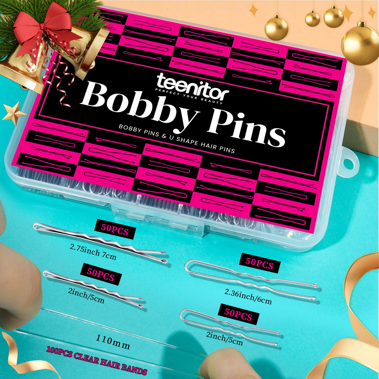 Teenitor 300pcs Silver Bobby Pins Hair Pins Kit, 100pcs Bobby Pins 100pcs Hair Pins for Women, Hair Pins for Buns, 100pcs Hair B