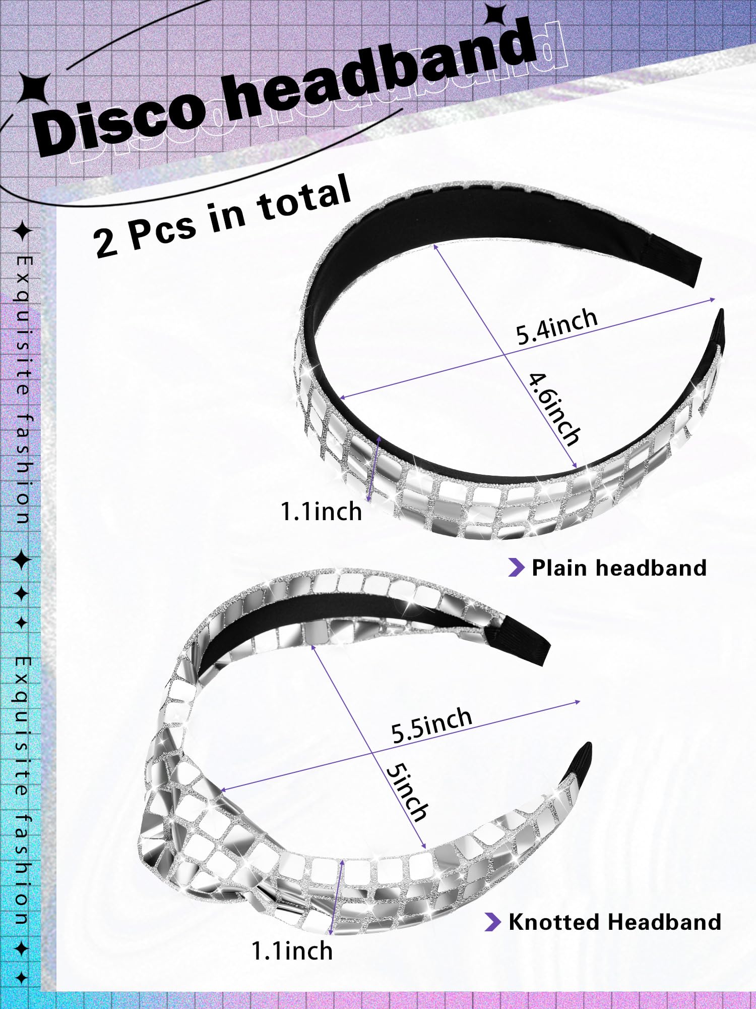 Hoteam 2 Pack Disco Headband 70s 80s 90s Retro Silver Headband Glitter Knotted Disco Headwear Wide Last Rodeo Headpiece Party Bi