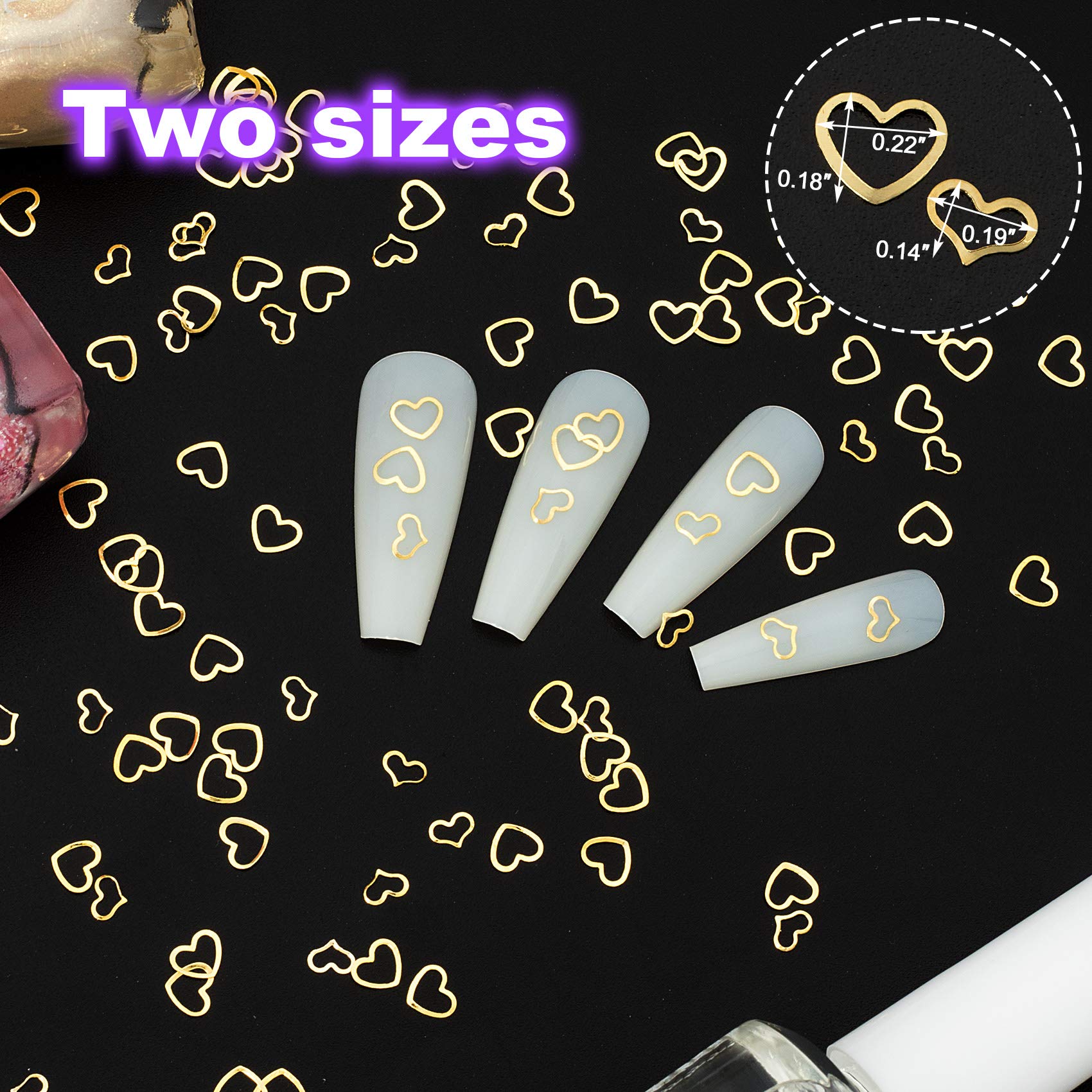 Pagow 1000Pcs 3D Gold Heart Nail Art Metal Charm Kit Love Small Metallic Diy Studs Sequins Valentine Decoration Spring Summer Ac