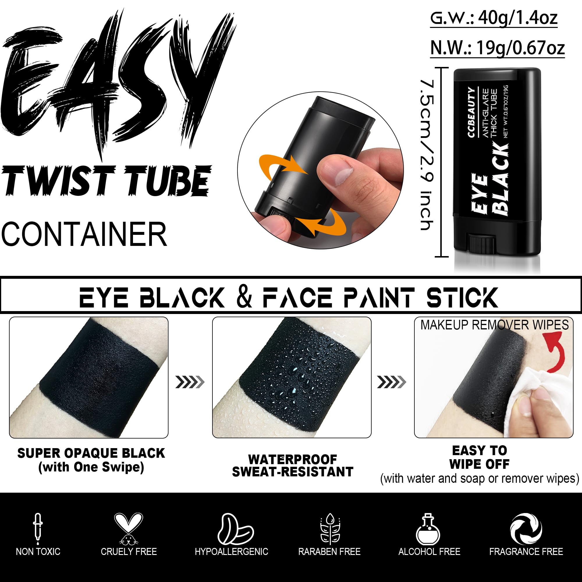 Ccbeauty 2Packs Eye Black Baseball Bulk, Drip Stick Eyeblack Football Sport Accessories, Grease Black Face Body Paint For Softba