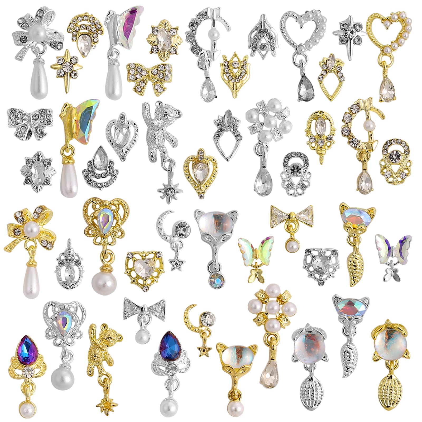 48 Pcs Dangle Nail Charms Luxury Rhinestones for Nails Heart Charms Gold Silver Nail Gems Crystal Metal Nail Diamonds Stones for