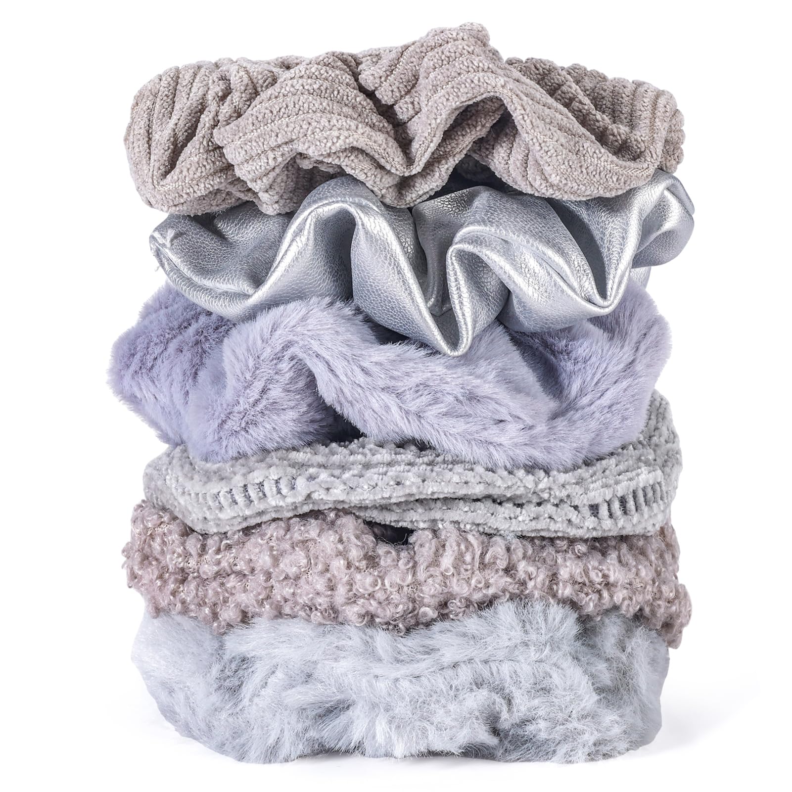 Scrunchies for Women Girls 6Pcs Grey Fuzzy Scrunchies for Thick Hair Ultra Textured Soft Corduroy Scrunchy Hair Ties Neutral Ela