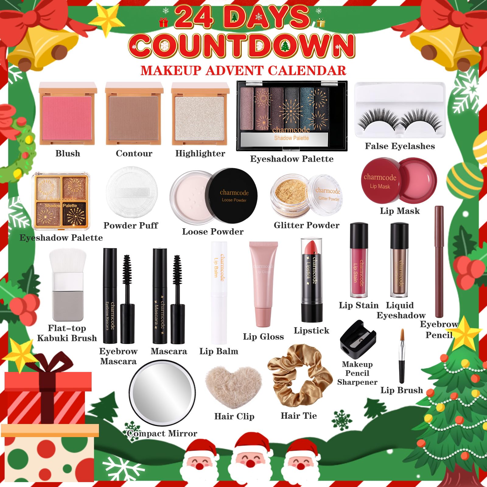 Makeup Advent Calendar 2025 - 24 Days Christmas Make Up Gift Set for Adlut Women & Teen Girls, CHARMCODE Xmas Cosmetic Countdown