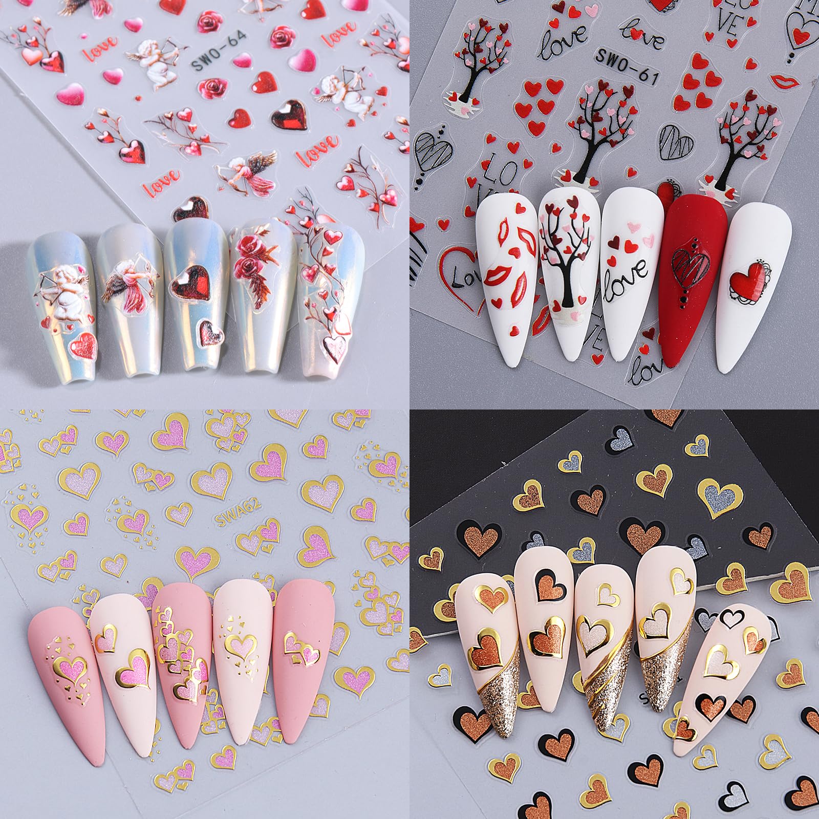 Lbpepamz 8Sheet Valentine'S Day Nail Stickers 5D Embossed Angel Pink Ombre Heart Nail Art Stickers 3D Self-Adhesive Red Love Hea