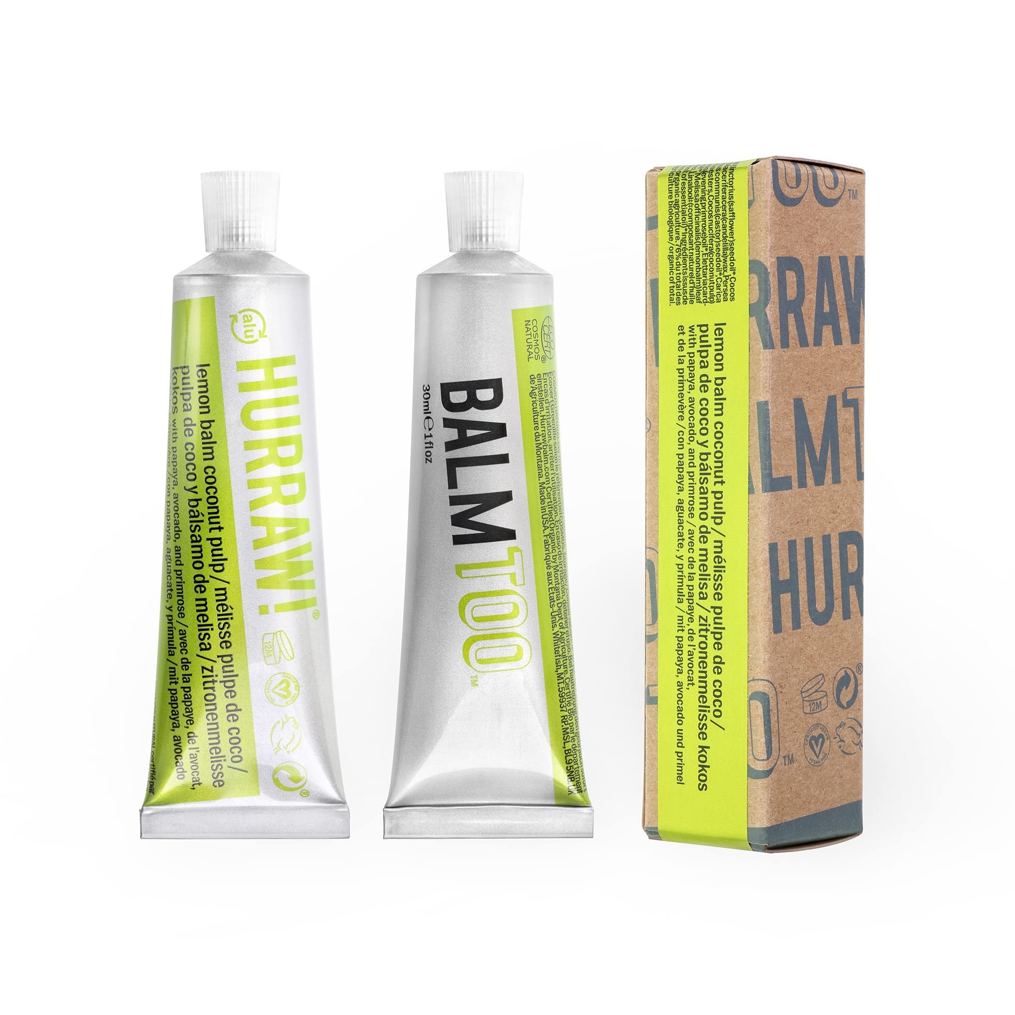 Hurraw! Balmtoo Squeezable Balm, Lemon Balm Coconut Pulp: Ultra-moisturizing. Anywhere application. Body, face, lips, neck, fing