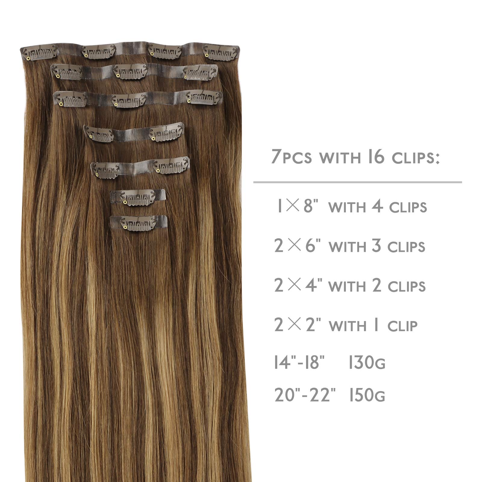 Wennalife Seamless Clip In Hair Extensions, 22 Inch 150G 7Pcs Balayage Chocolate Brown To Caramel Blonde Hair Extensions Clip In