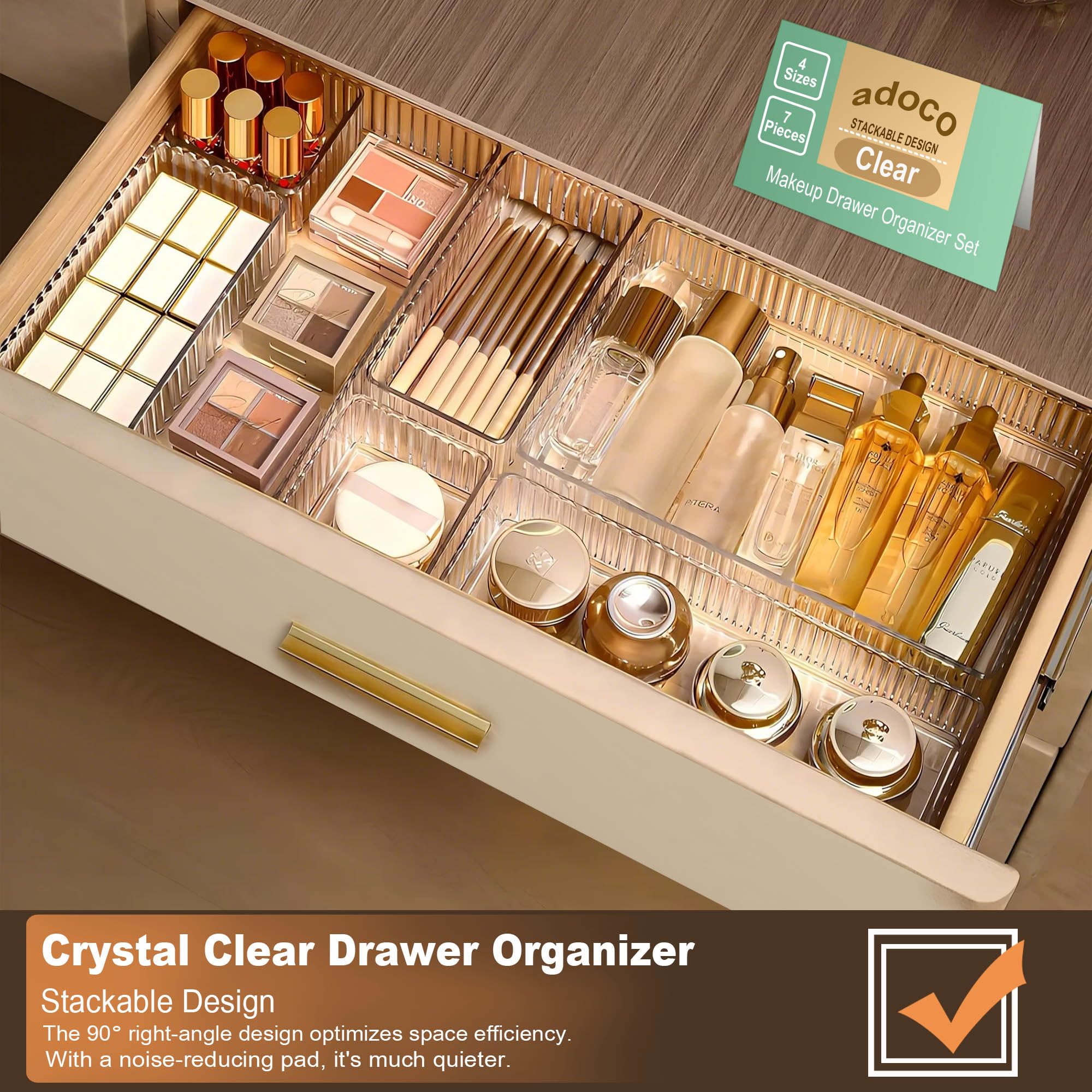 Adoco 7 PCS Clear Drawer Organizers Bins, 4-Size Stackable Makeup Vanity Drawer Organizer Trays, Acrylic Bathroom Drawer Organiz