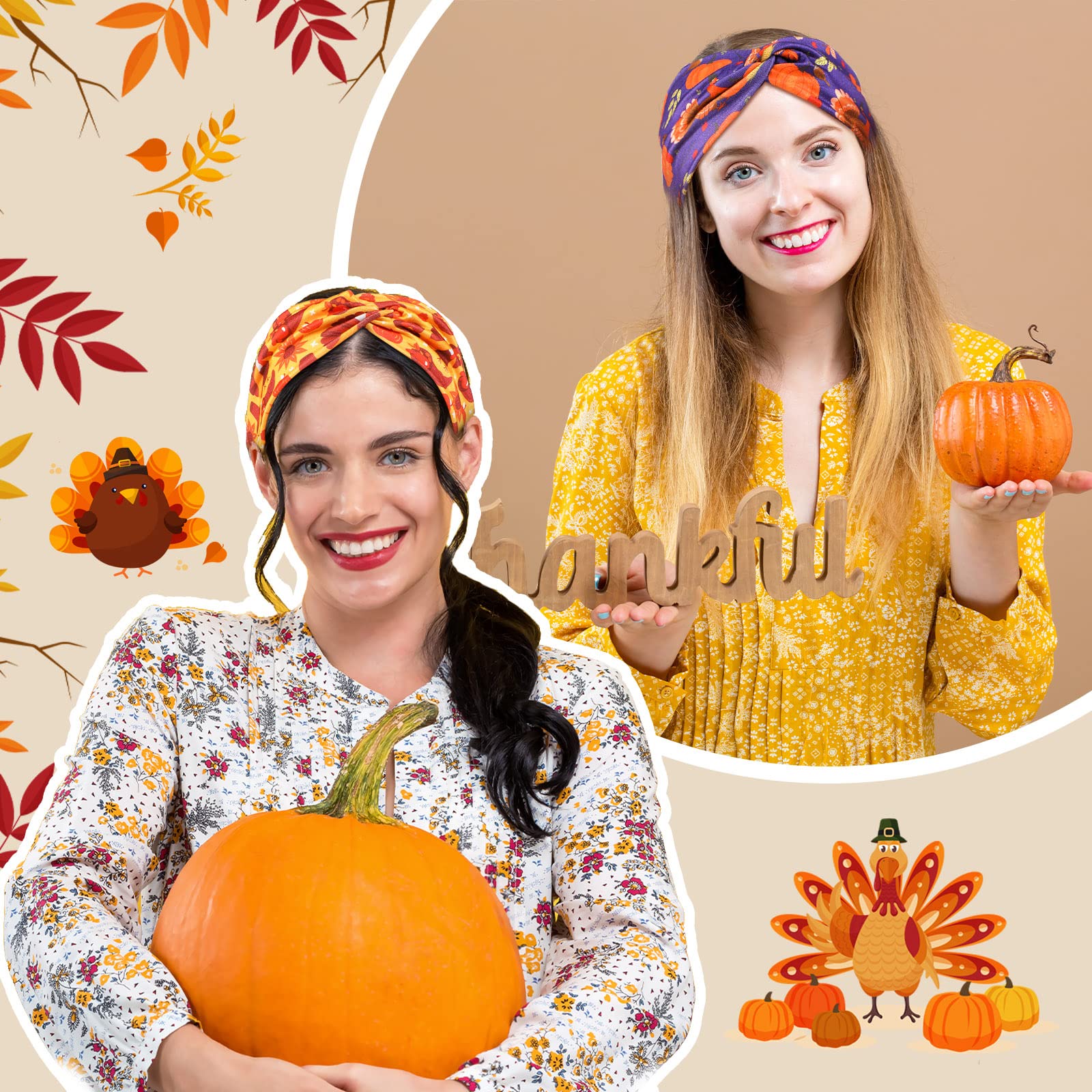 Waydress 12 Pcs Thanksgiving Headbands Fall Hair Accessories for Women Nurse Pumpkin Maple Leaf Stretchy Non Slip Autumn Hair Ba