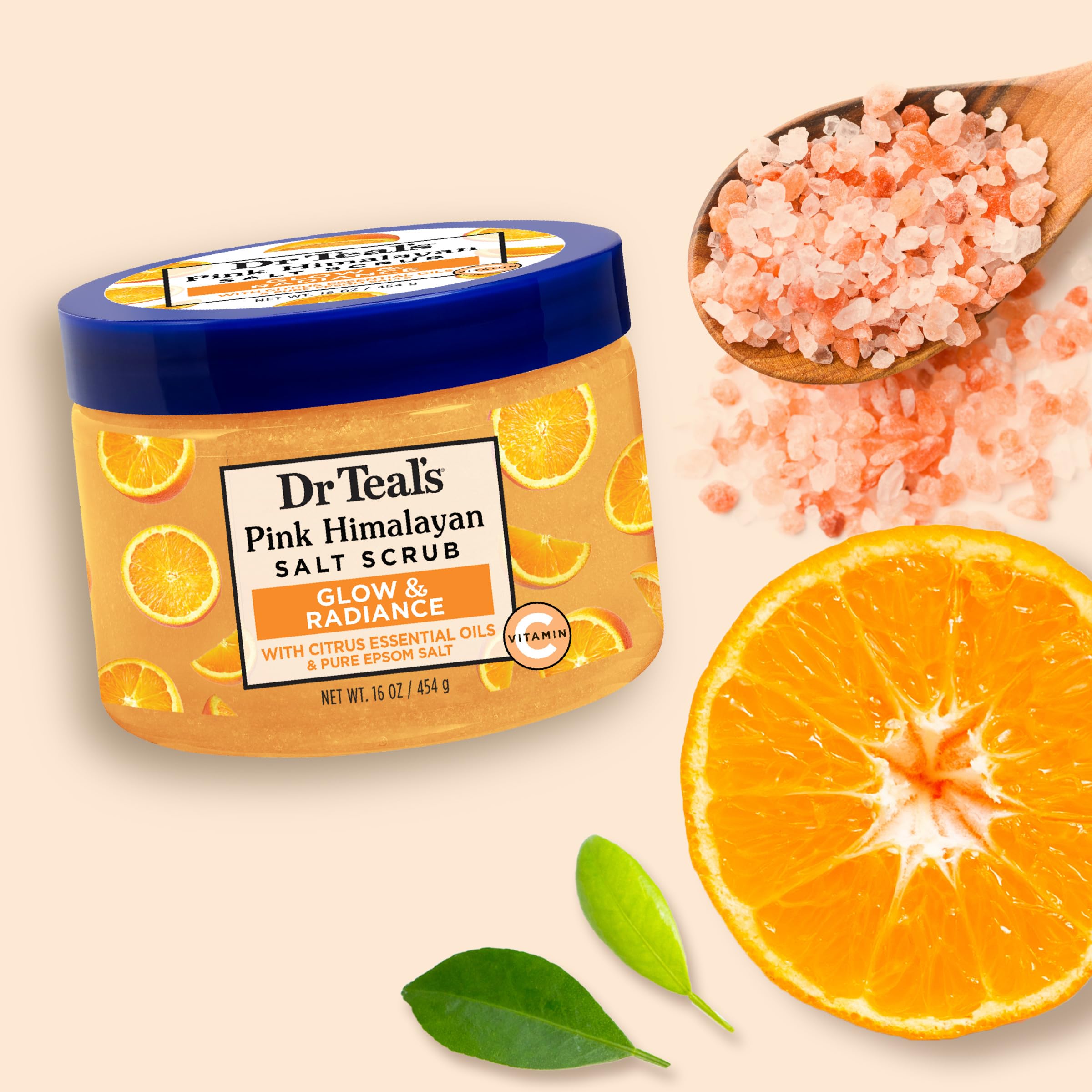 Dr Teal's Pink Himalayan Salt Body Scrub, Glow & Radiance with Pure Epsom Salt & Citrus Essential Oils 16 oz (Pack of 3) (Packag