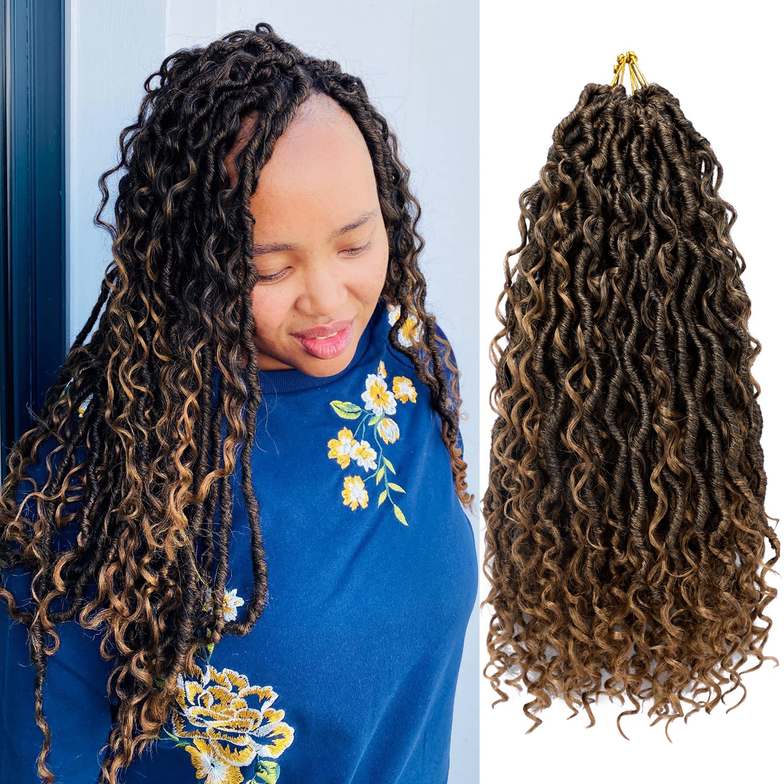 Goddess Locs Crochet Hair 14 Inch 7 Packs Ombre Boho Faux Locs Crochet Hair for Black Women Pre Looped Crochet Locs with Curly E
